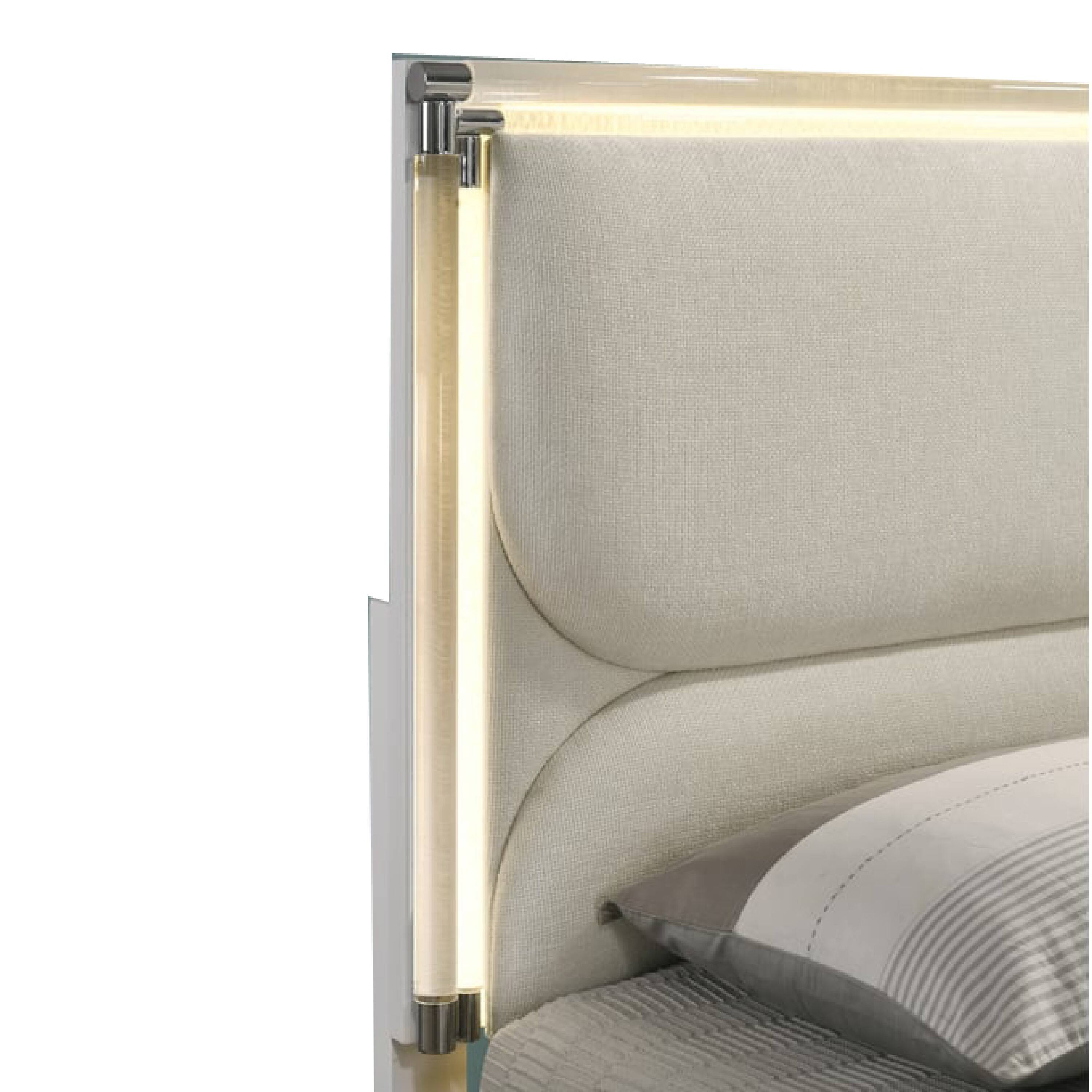 Left. Manhattan Lane - Dima Full Size Bed with Pull Out Trundle and LED Headboard - Pearl White, Clear.