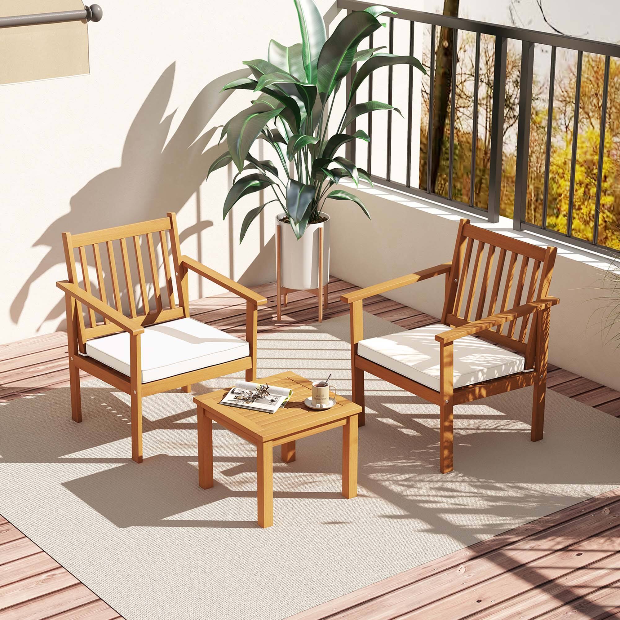 Alt View 4. Costway - 3 PCS Patio Wood Furniture Set Acacia Wood Chairs & Coffee Table with soft Cushions - Natural + Off White.
