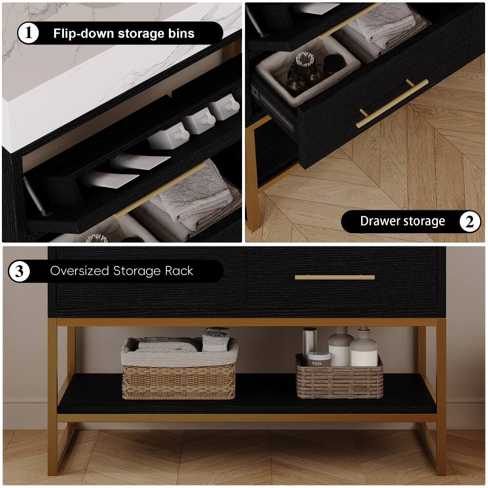 1. Flip-down storage bins
2. Drawer storage
3. Oversized Storage Rack