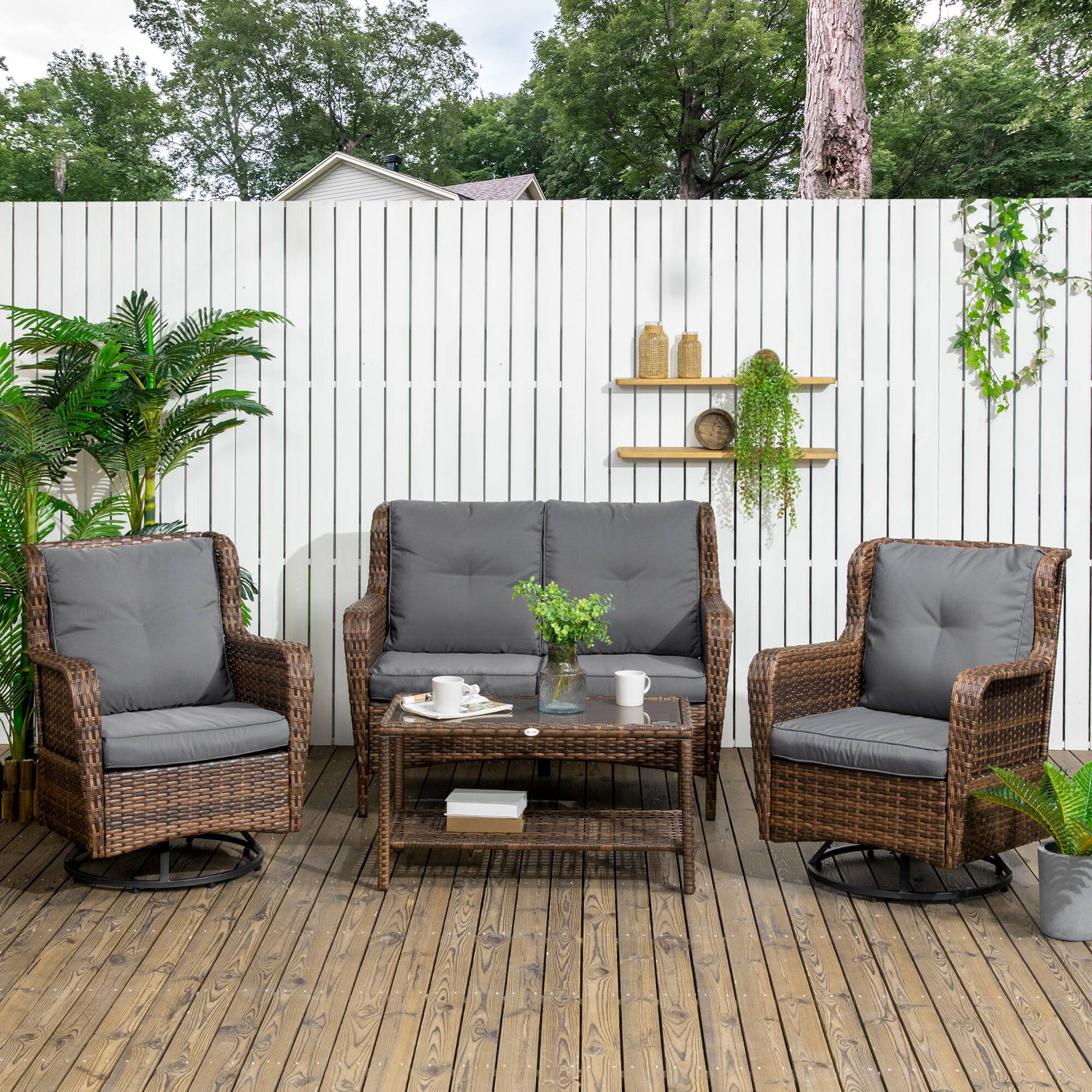 Alt View 1. Outsunny - 4 Piece PE Rattan Outdoor Patio Furniture Set, Wicker Conversation Set with 2 Swivel Rocking Chairs - Gray.