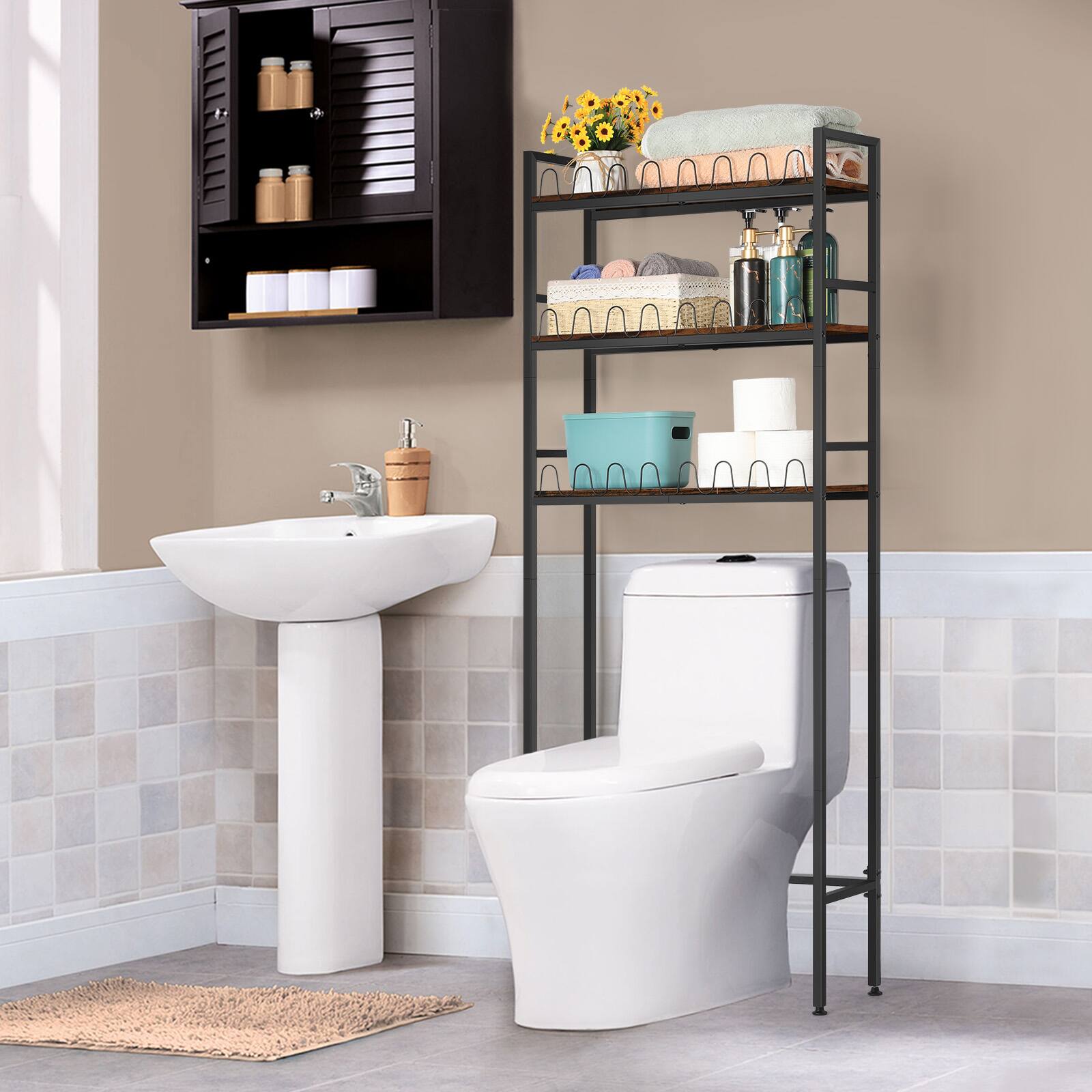 Alt View 1. Oumilen - 3-Tier Over-The-Toilet Storage Shelf, Metal Bathroom Organizer with Anti-Fall Fence and Adjustable Feet - Brown.
