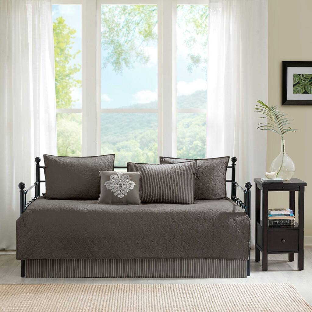 Alt View 1. Gracie Mills - Gracie Mills Sandy 6-Piece Cottage-Inspired Reversible Daybed Cover Set - Dark Grey.