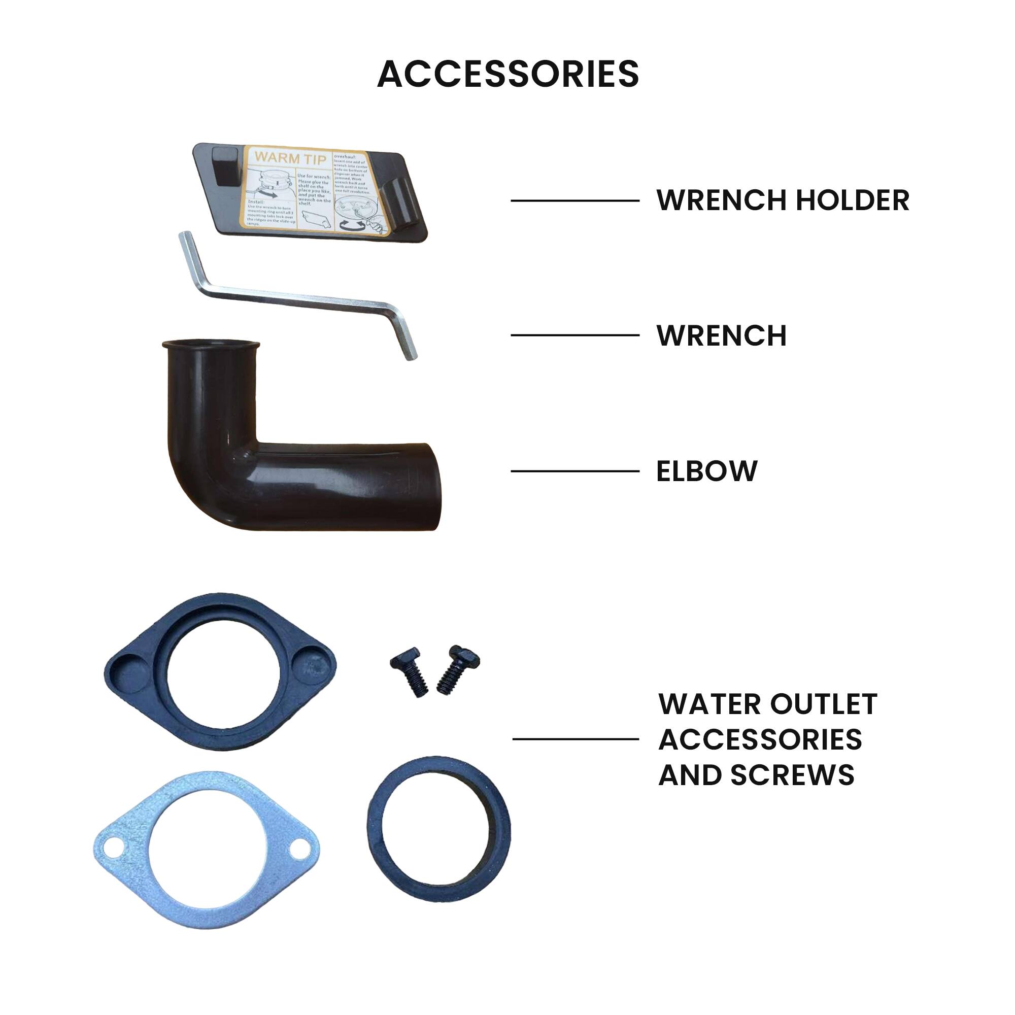 ACCESSORIES

- WRENCH HOLDER
- WRENCH
- ELBOW
- WATER OUTLET ACCESSORIES AND SCREWS