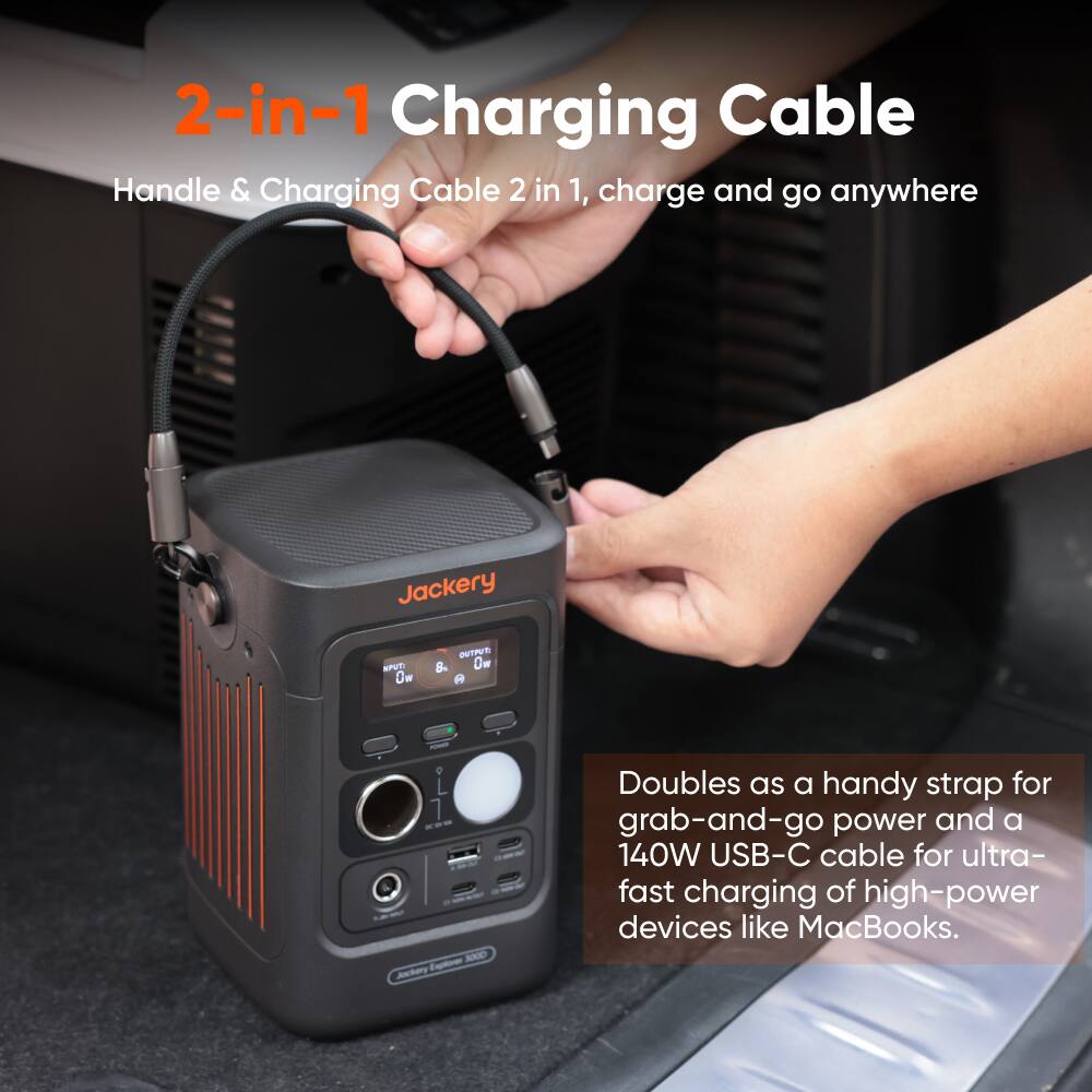 2-in-1 Charging Cable  
Handle & Charging Cable 2 in 1, charge and go anywhere  

Jackery SPUTI w QUTWUS 8. Ow - 7 - ANIO notoe  

Doubles as a handy strap for grab-and-go power and a 140W USB-C cable for ultra-fast charging of high-power devices like MacBooks.