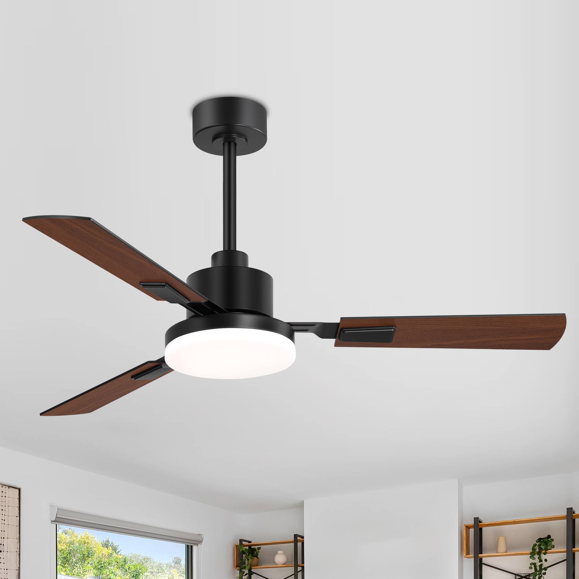 Breezary - 52'' Ceiling Fan with 3 Dual-Finish Plywood Blades, 3-Color Light, 6-Speed DC Motor, Remote & Memory Function - Matte Black and Dark Wood Grain