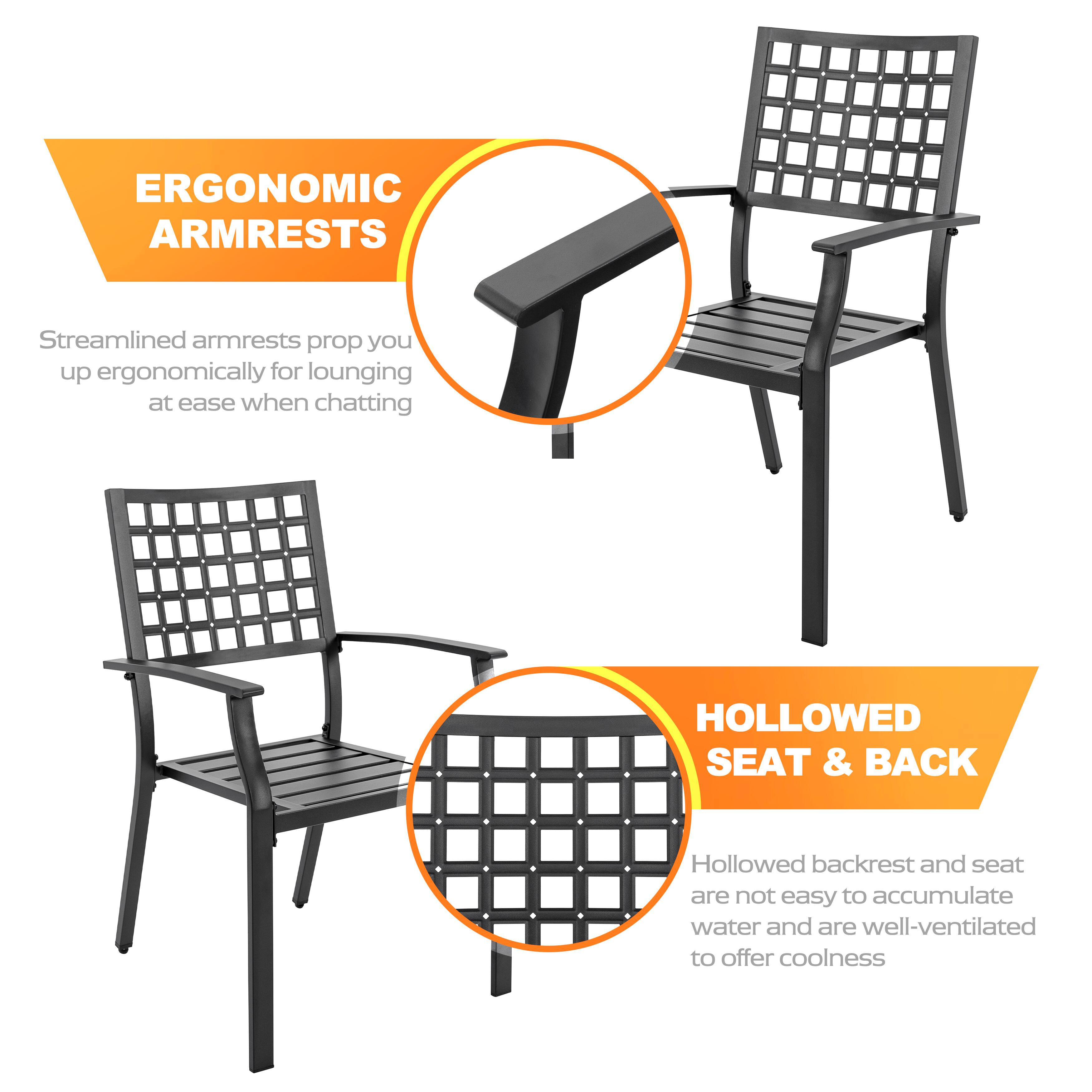 ERGONOMIC ARMRESTS  
Streamlined armrests prop you up ergonomically for lounging at ease when chatting  

HOLLOWED SEAT & BACK  
Hollowed backrest and seat are not easy to accumulate water and are well-ventilated to offer coolness