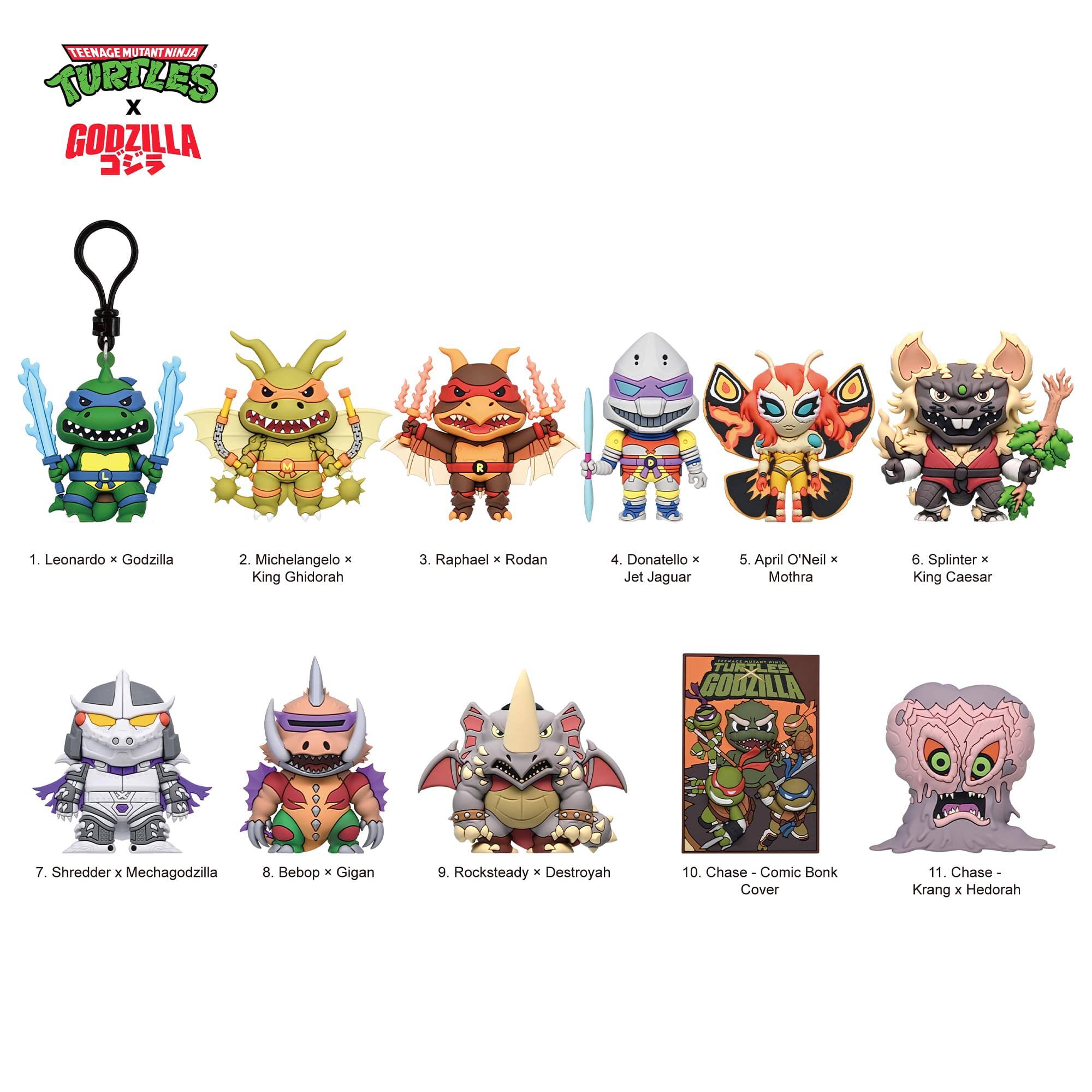 TEENAGE MUTANT NINJA TURTLES X GODZILLA

1. Leonardo x Godzilla
2. Michelangelo x King Ghidorah
3. Raphael x Rodan
4. Donatello x Jet Jaguar
5. April O'Neil x Mothra
6. Splinter x King Caesar
7. Shredder x Mechagodzilla
8. Bebop x Gigan
9. Rocksteady x Destroyah
10. Chase - Comic Bonk Cover
11. Chase - Krang x Hedorah