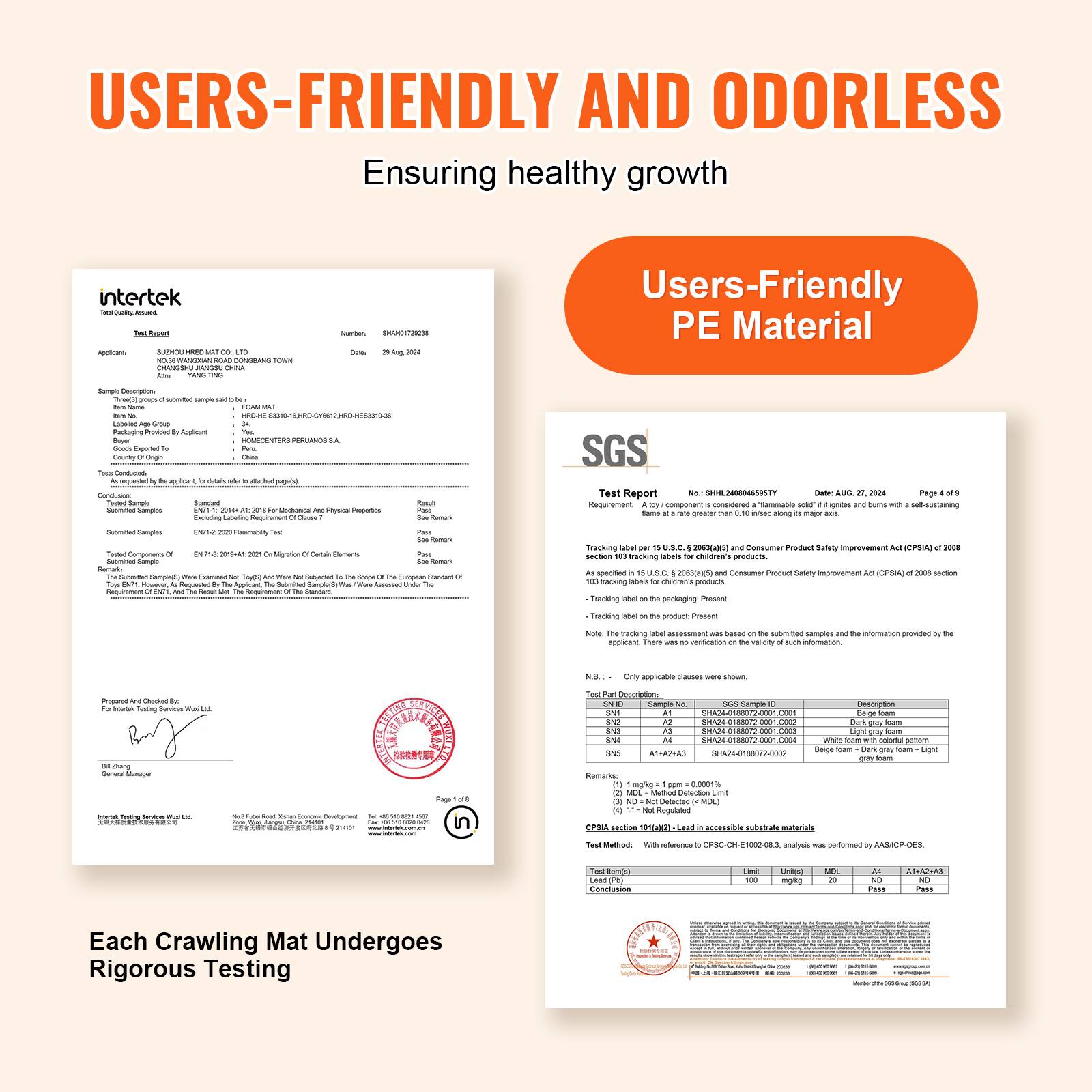 USERS-FRIENDLY AND ODORLESS Ensuring healthy growth intertek Test Report Users-Friendly PE Material Each Crawling Mat Undergoes Rigorous Testing SGS Test Report