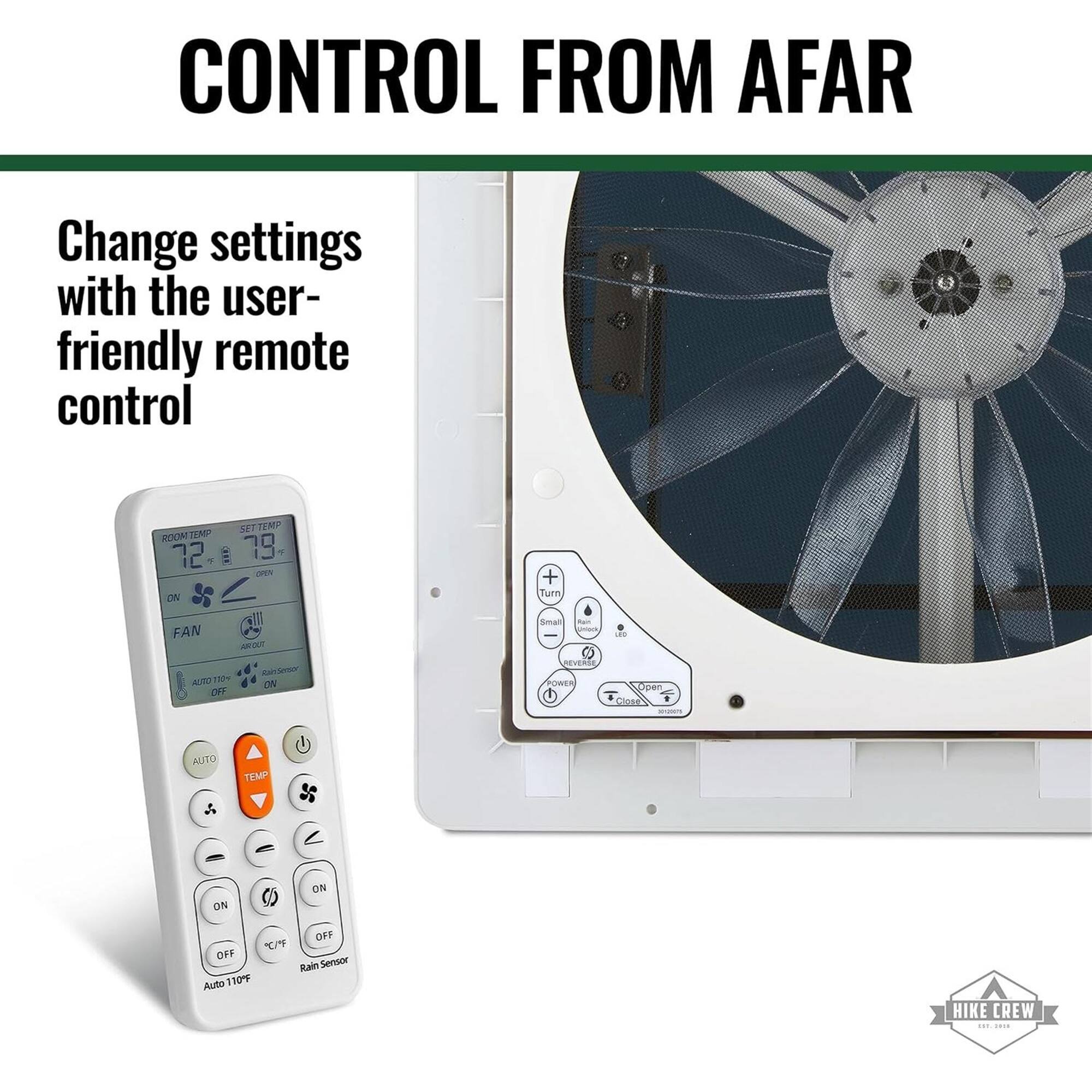 CONTROL FROM AFAR

Change settings with the user-friendly remote control

DOOM TEMP 72 DN T 79 4 c + Tumn FAN ATER - i ATI 130 OFF V ON pevende POWER 2SCa CAE AUITO TEMP ON  ON OFF  OFF Rain Sensor Auto 1 10F HIKE CREW