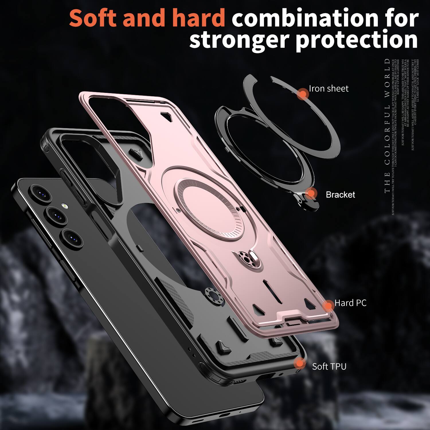 Soft and hard combination for stronger protection

Iron sheet

Bracket

Hard PC

Soft TPU