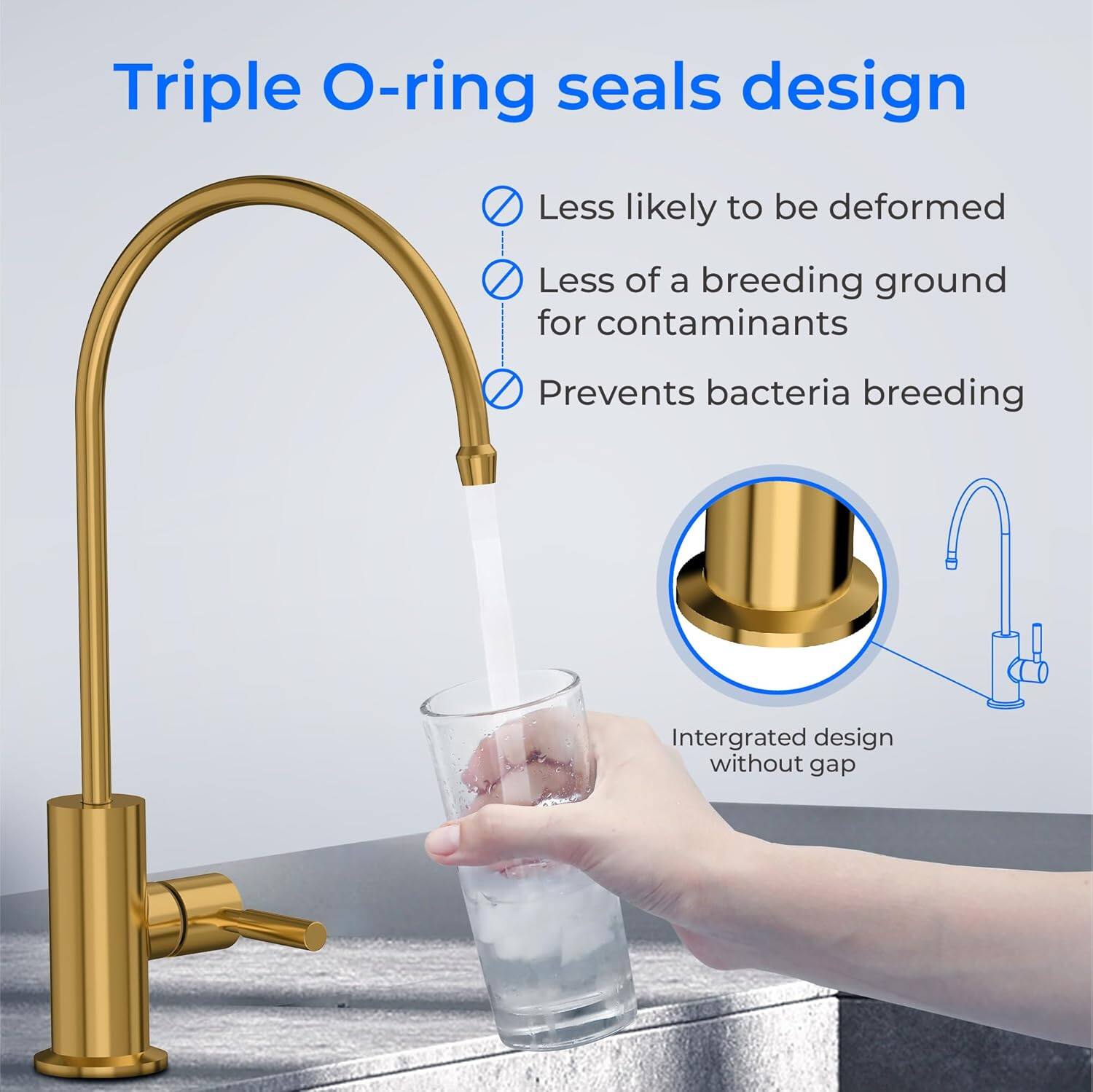Triple O-ring seals design  
- Less likely to be deformed  
- Less of a breeding ground for contaminants  
- Prevents bacteria breeding  
- Integrated design without gap