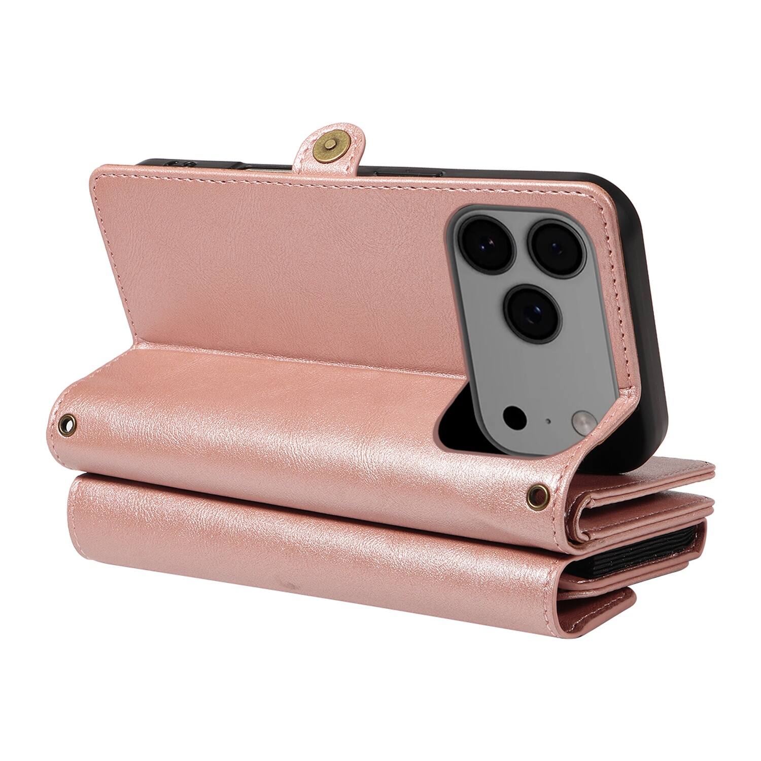 Alt View 6. UUCOVER - Zipper Wallet Case for Apple iPhone 17 Pro Max with RFID Card Slots, Cash Pockets, Shoulder Strap, Magnetic Flip Stand - Rosegold.