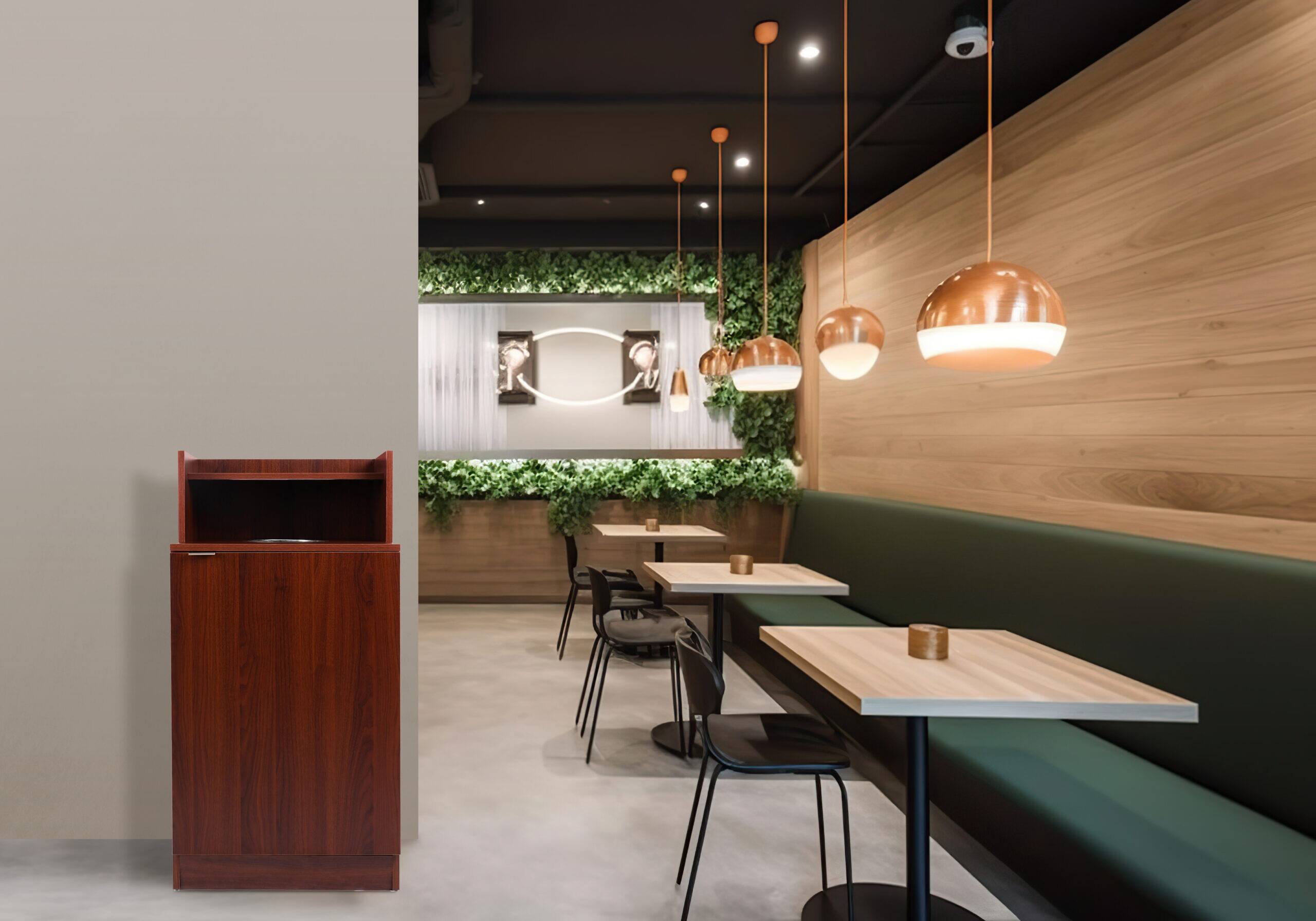 Alt View 8. Alpine Industries - 32 Gallon Wood Food Tray Top Trash Enclosure with Drop Hole - Mahogany.