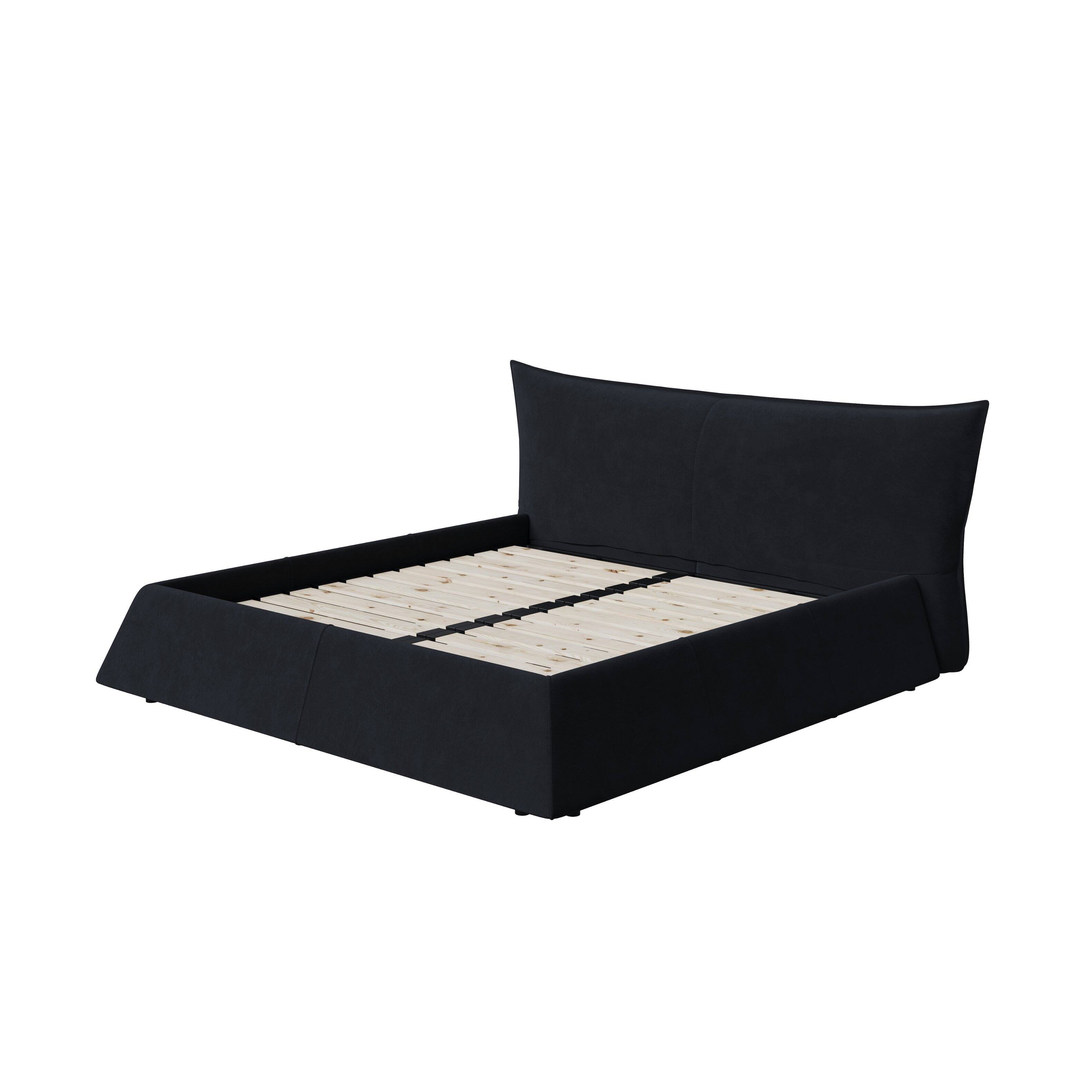 Alt View 5. Tiramisubest - King Size Upholstered Platform Bed, Special Shaped Velvet Headboard, Metal & Wood Frame, Black, 97x93x42 inches, 214 lbs - Black.