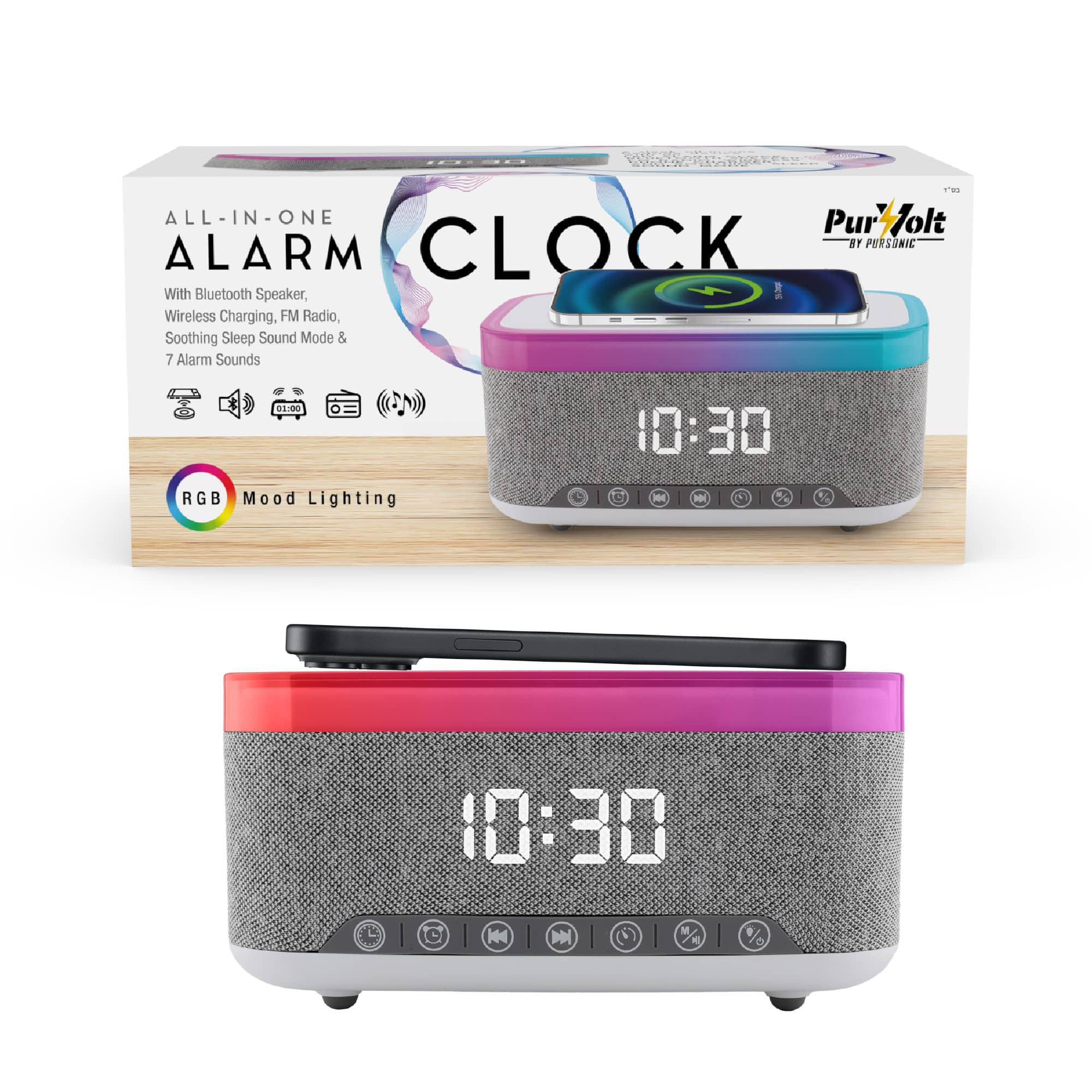Pursonic - All-in-One Alarm Clock with Bluetooth Speaker, FM Radio & Qi Wireless Charging - Grey