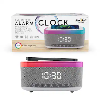 TW ALL-IN-ONE Pur Pur/olt CLOCK EF PURSONIC ALARM With Bluetooth Speaker, 4 Wireless Charging, FM Radio, Soothing Sleep Sound Mode & 7 Alarm Sounds o:0 10:30 RGB Mood Lighting - 10:30 | K