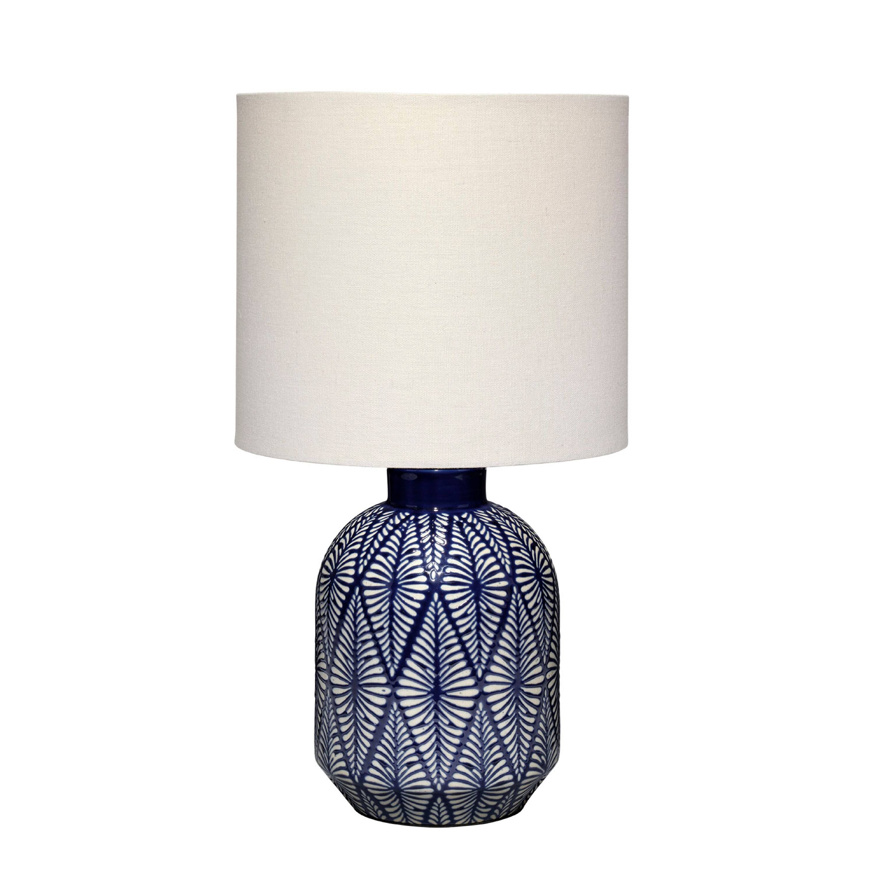 Front. Manhattan Lane - Hyla Accent Table Lamp, 17 Inch, Linen, Geometric Ceramic - Cream, Indigo Blue, White.