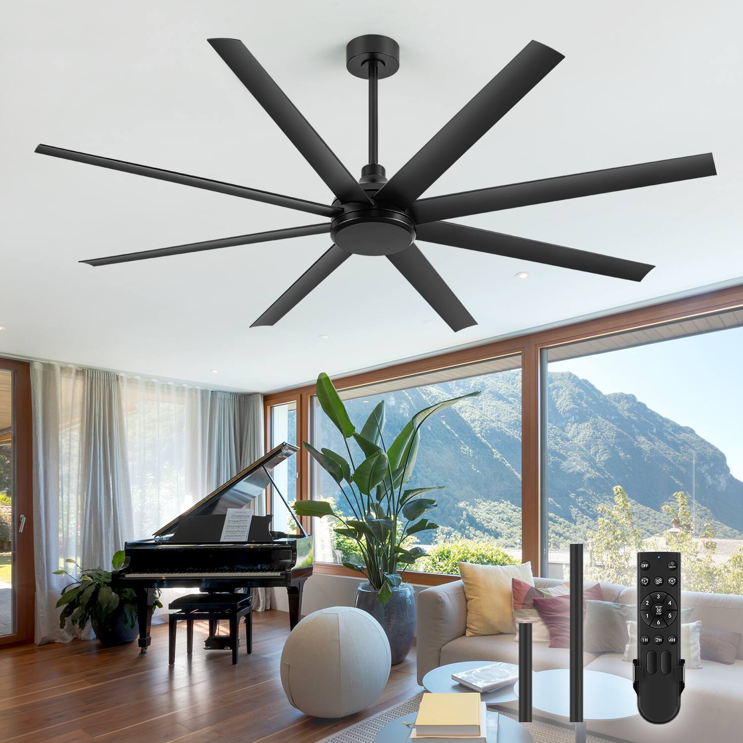 Left. Breezary - 65-Inch Ceiling Fan with 8 ABS Blades, 6-Speed DC Motor, Remote Control with Timer, 2 Downrods, Light/No-Light Options - Black(No Light).