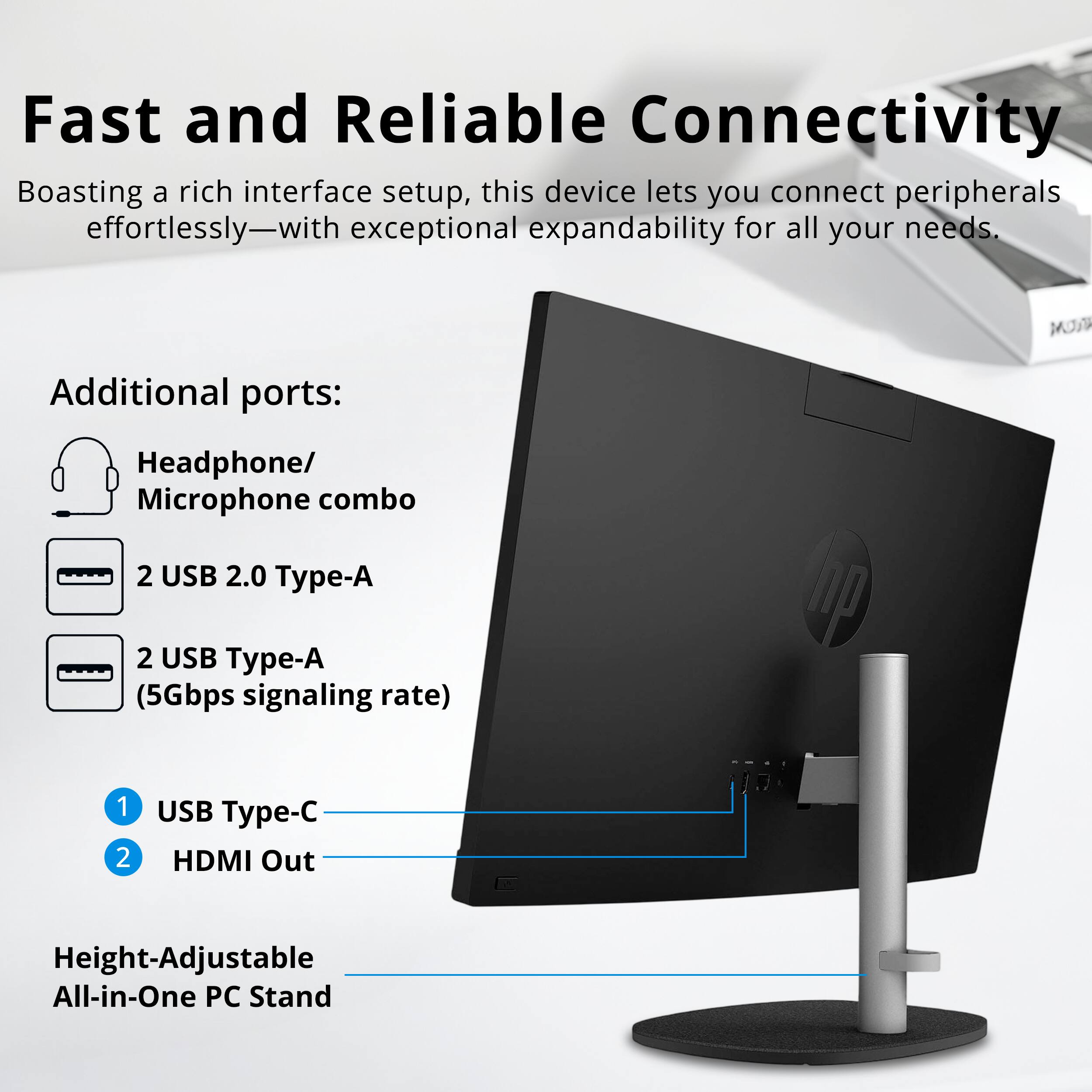 Fast and Reliable Connectivity

Boasting a rich interface setup, this device lets you connect peripherals effortlessly—with exceptional expandability for all your needs.

Additional ports:
- Headphone/ Microphone combo
- 2 USB 2.0 Type-A
- 2 USB Type-A (5Gbps signaling rate)

1. USB Type-C
2. HDMI Out

Height-Adjustable All-in-One PC Stand