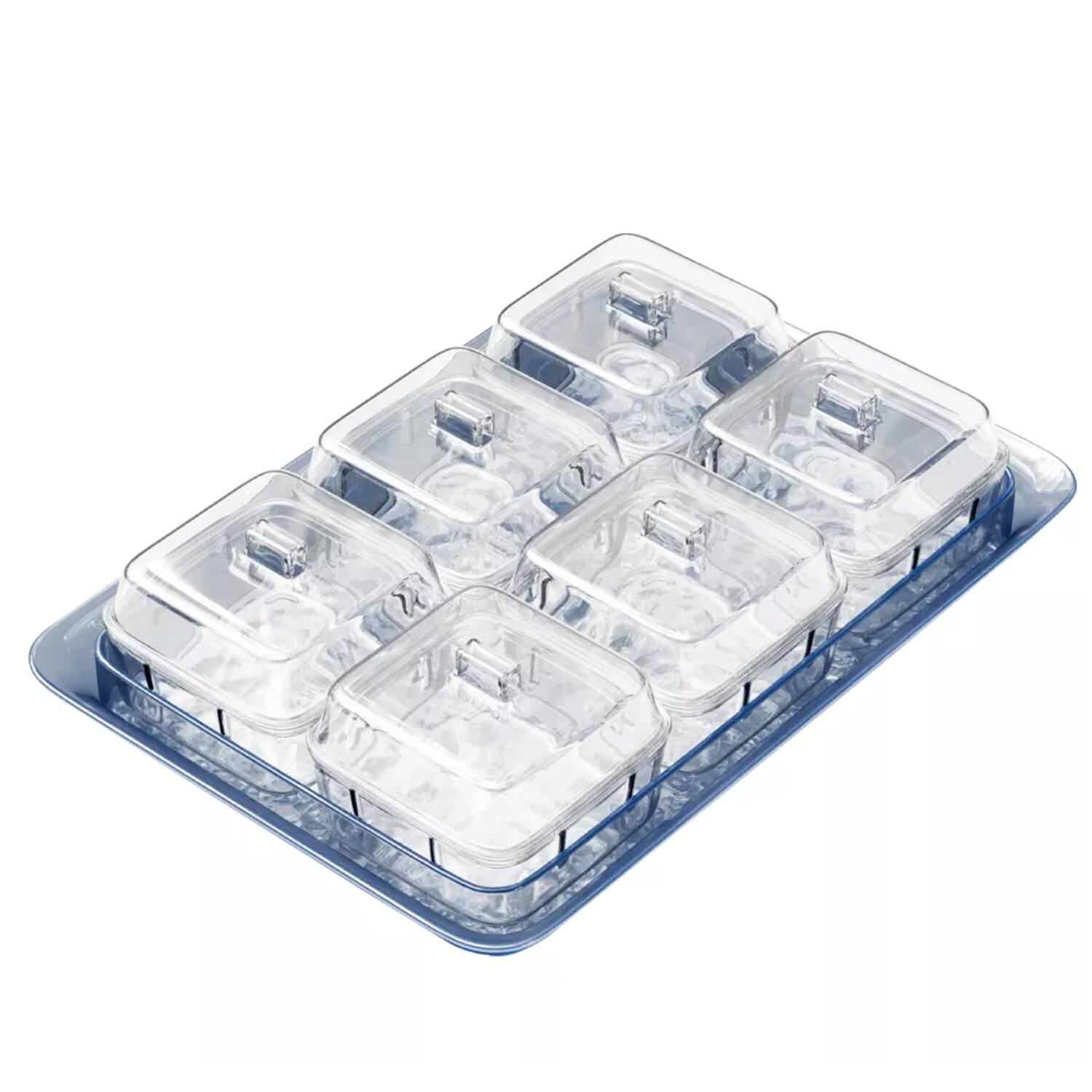 Left. Jay Import - Indigo Blue Acrylic Tray & Clear Dishes with Lids.
