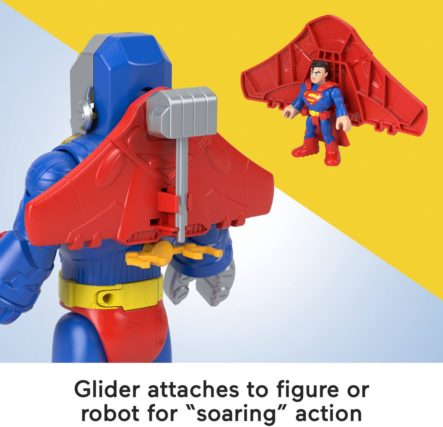 Glider attaches to figure or robot for "soaring" action