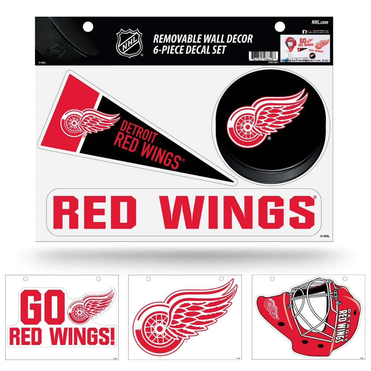 NHL.com  
REMOVABLE WALL DECOR  
6-PIECE DECAL SET  

DETROIT RED WINGS  
RED WINGS  
GO RED WINGS!  
RED WINGS  
GO RED WINGS!  
DETROIT RED WINGS
