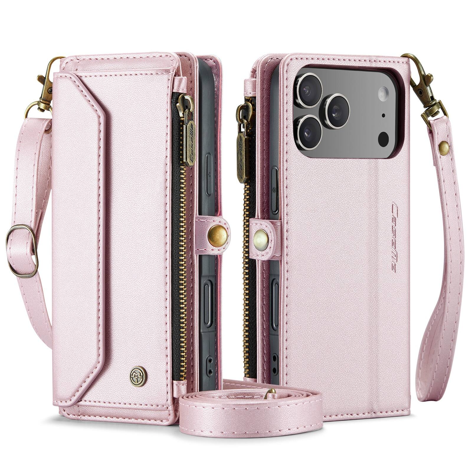 Angle. UUCOVER - Magnetic Zipper Wallet Case for iPhone 17 Pro Leather Card Slots RFID Blocking Stand Cover with Shoulder/Wrist Strap - Pink.