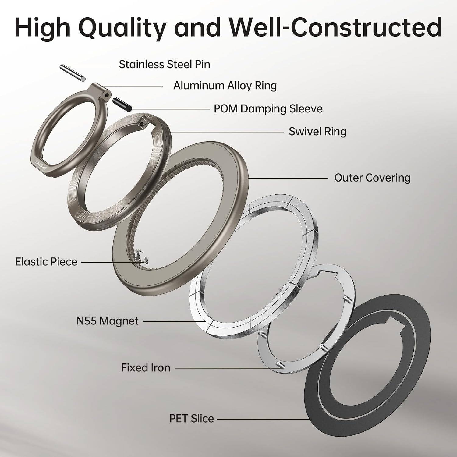 High Quality and Well-Constructed

- Stainless Steel Pin
- Aluminum Alloy Ring
- POM Damping Sleeve
- Swivel Ring
- Outer Covering
- Elastic Piece
- N55 Magnet
- Fixed Iron
- PET Slice
