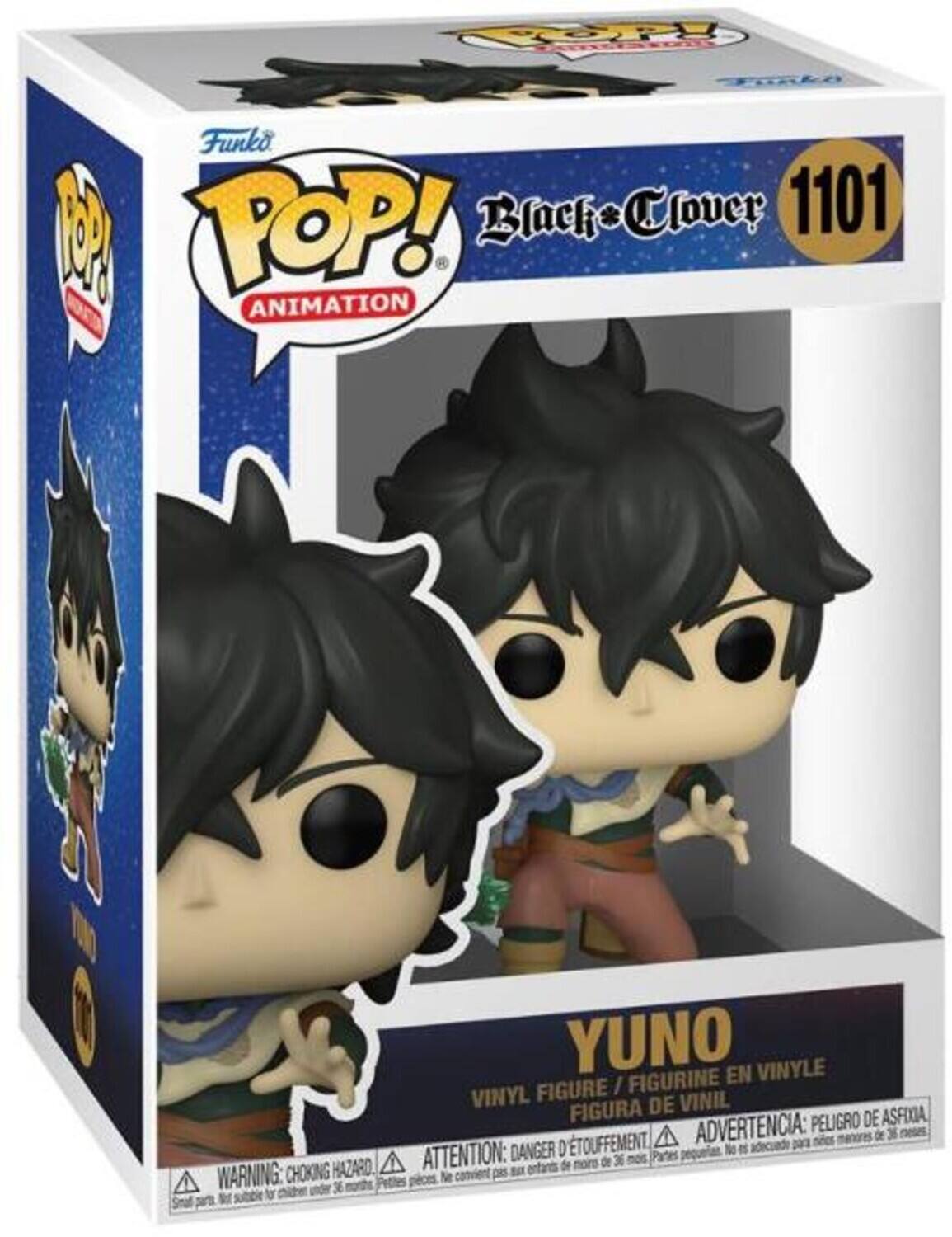 Funko Pop! Black Clover 1101 Animation Yuno Vinyl Figure / Figurine En Vinyl Figura De Vinil Peligro De Asfixia Advertencia: manores de 3 Attention: Danger D'etouffement Pates No es adecuada para niños de 36 nos Warning: Choking Hazard. N convient pas para niños de 36 Pettes pieces for unor