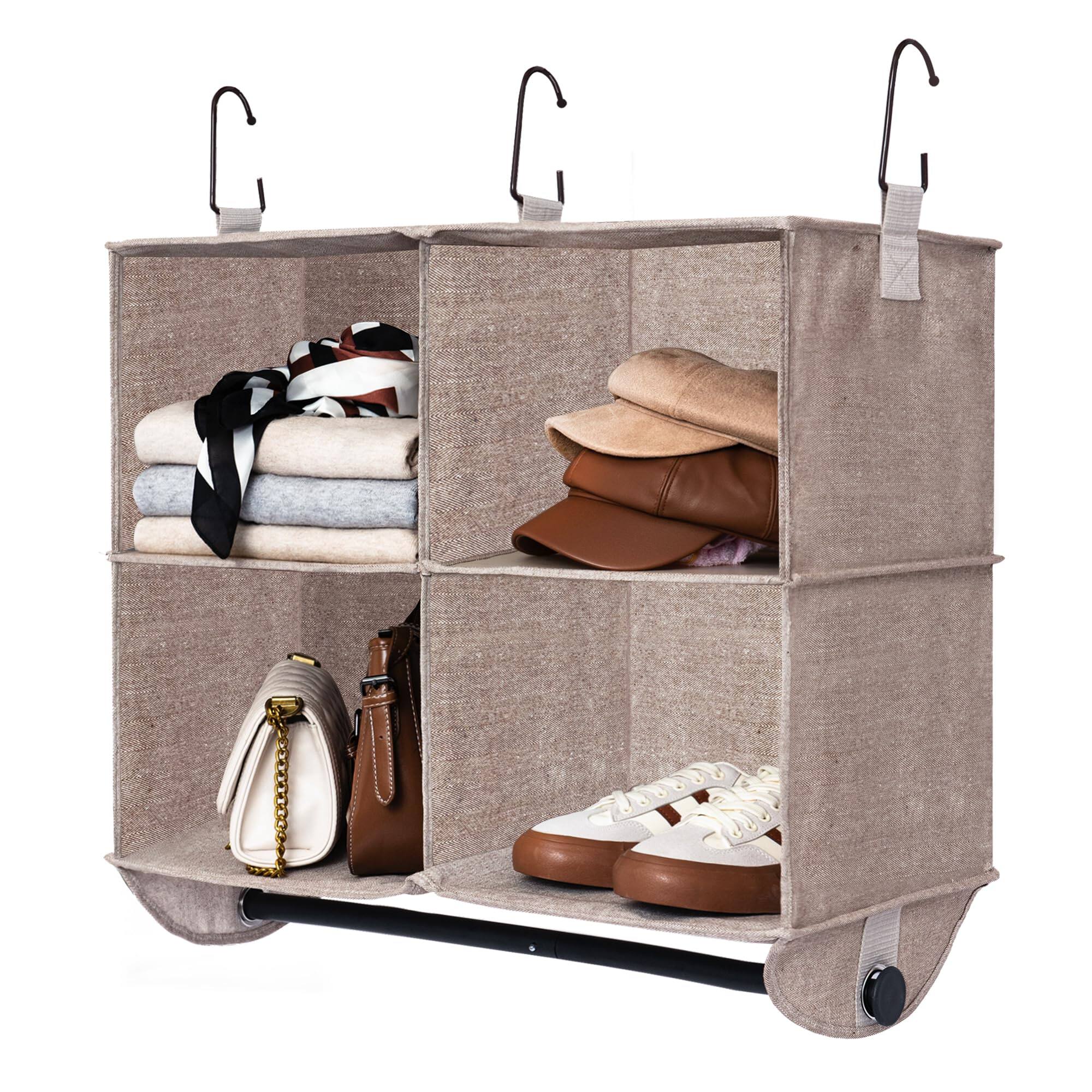 Reds Spade - StorageWorks Hanging Closet Organizer with Metal Rod, 6-Section Closet Organizers and Storage, Collapsible - Brown & Beige 4-Section