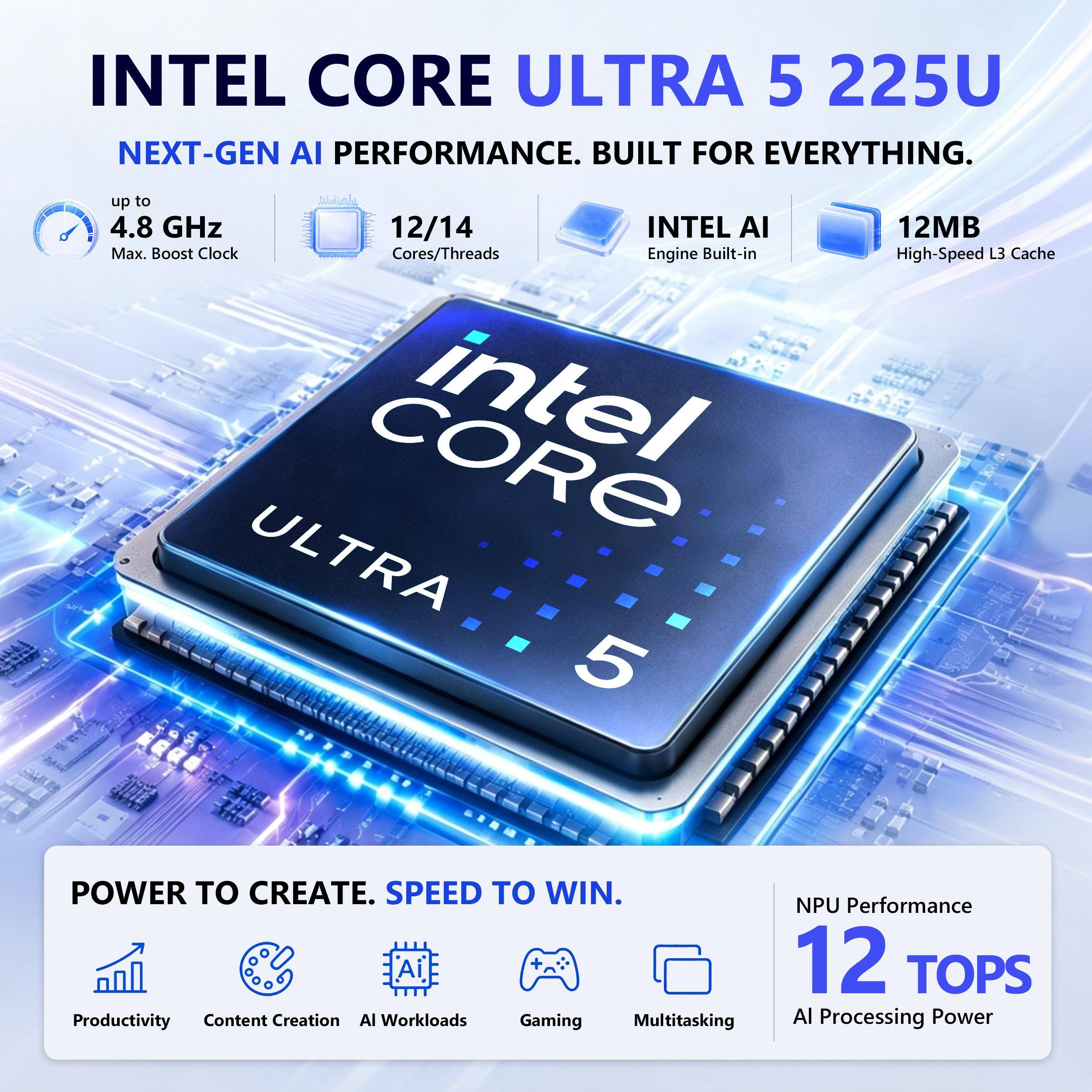 INTEL CORE ULTRA 5 225U NEXT-GEN AI PERFORMANCE. BUILT FOR EVERYTHING.

- up to 4.8 GHz Max. Boost Clock
- 12/14 Cores/Threads
- INTEL AI Engine Built-in
- 12MB High-Speed L3 Cache

POWER TO CREATE. SPEED TO WIN.
- Productivity
- Content Creation
- AI Workloads
- Gaming
- Multitasking

NPU Performance 12 TOPS AI Processing Power