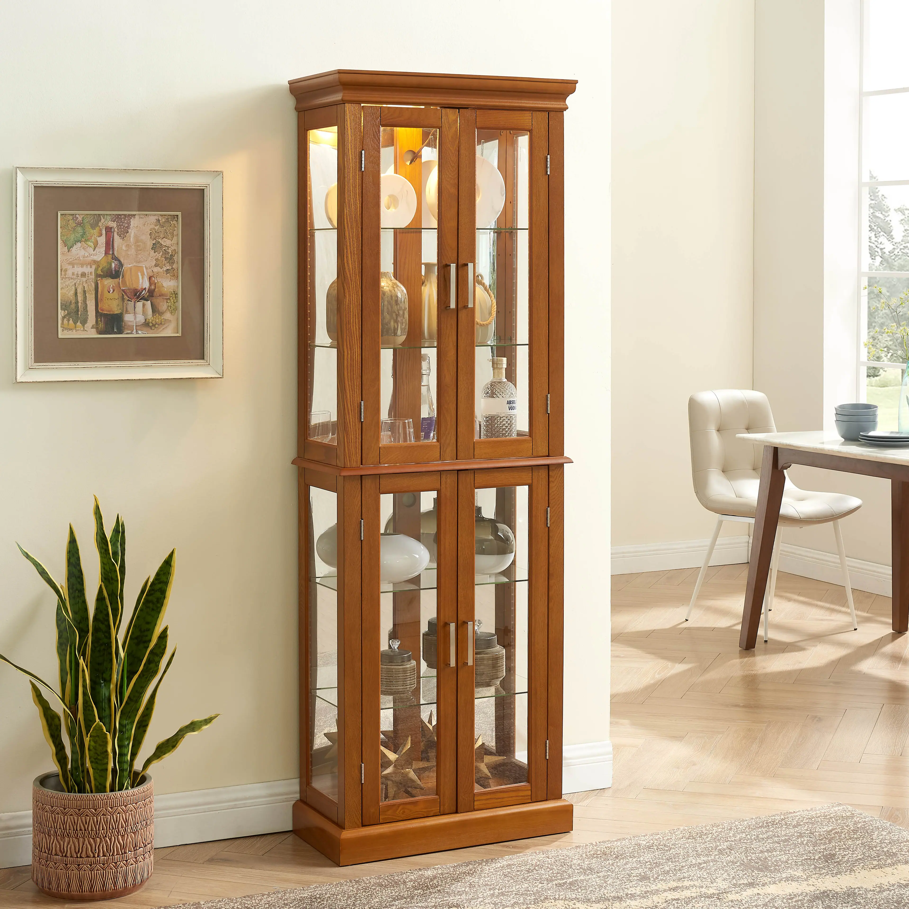 APRILSOUL - Transitional Display Cabinet with Adjustable Shelves Internal Lighting and Mirrored Back Panel - Oak