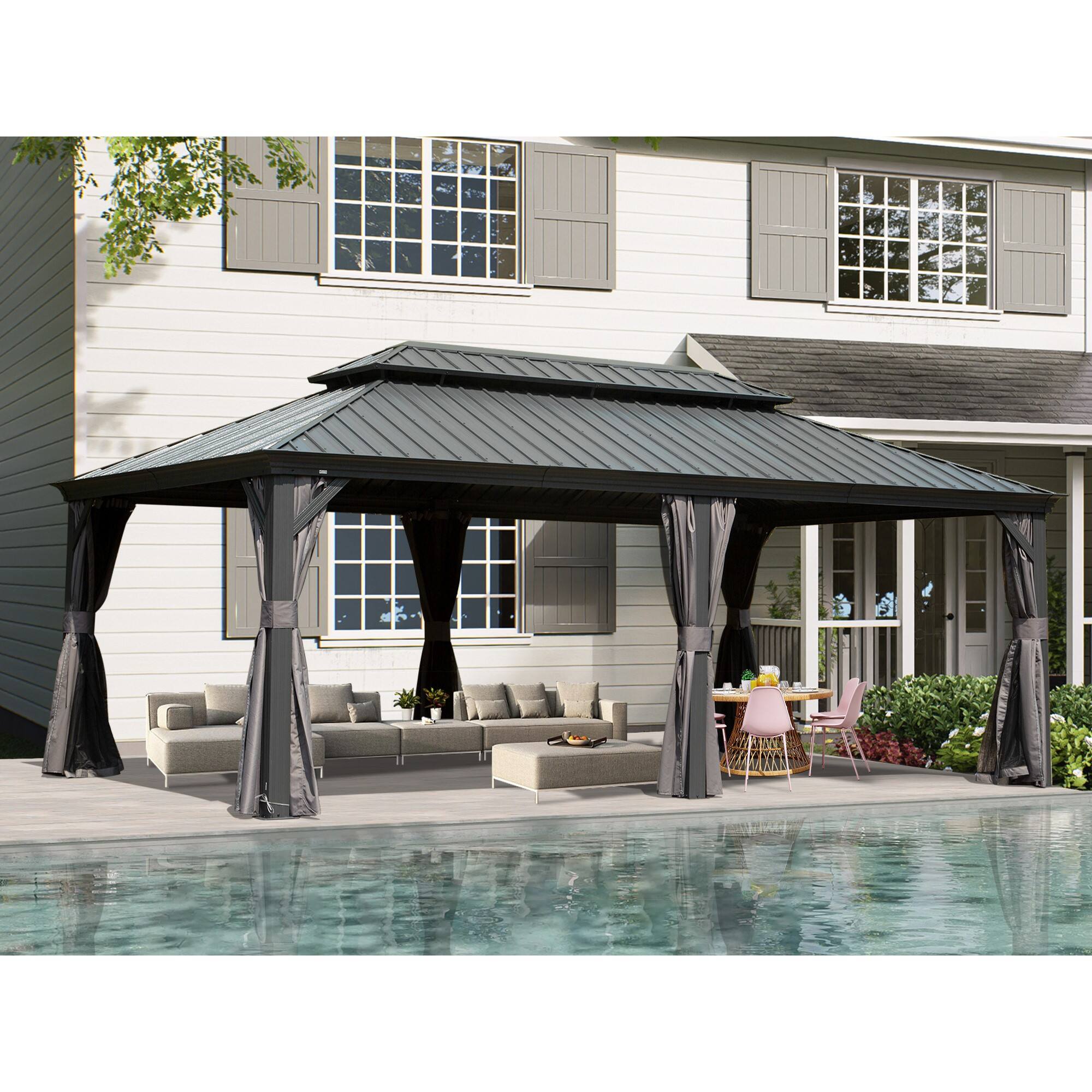 Left. Mondawe - 14' X 20' Metal Gazebo with Double Roof and Curtains - Grey.