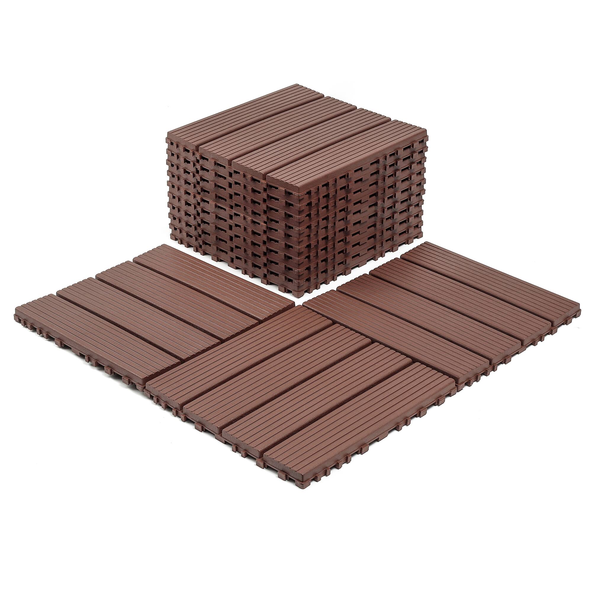 Back. Loheer - 44-Pack Interlocking 12x12 Inch Waterproof Plastic Deck Tiles - Brown.