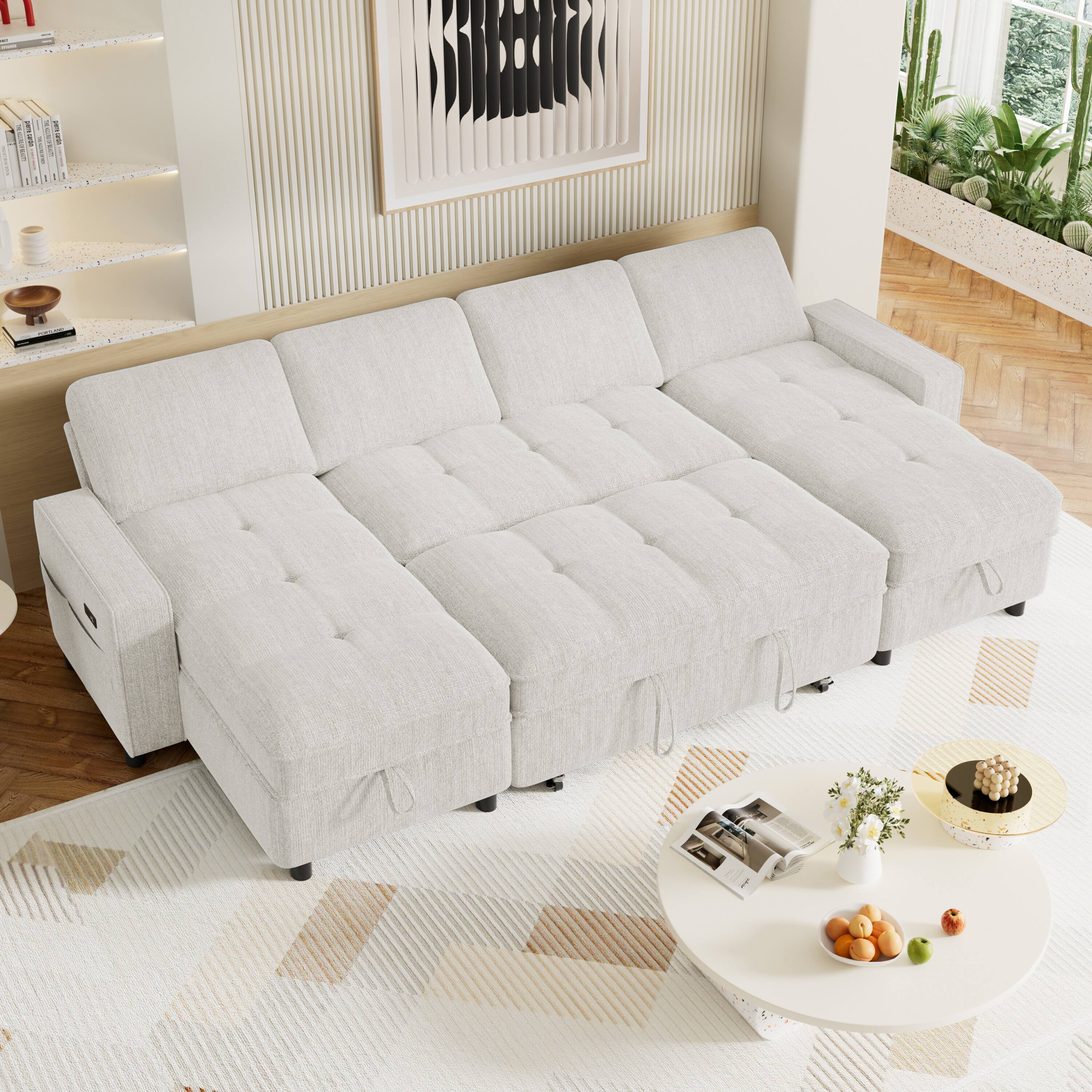Angle. Dyonery - 105" U Shaped Couch Sleeper Sofa, Pull Out Couch with Reclining Backrest, Reversible Storage Chaise, USB Ports - Beige.