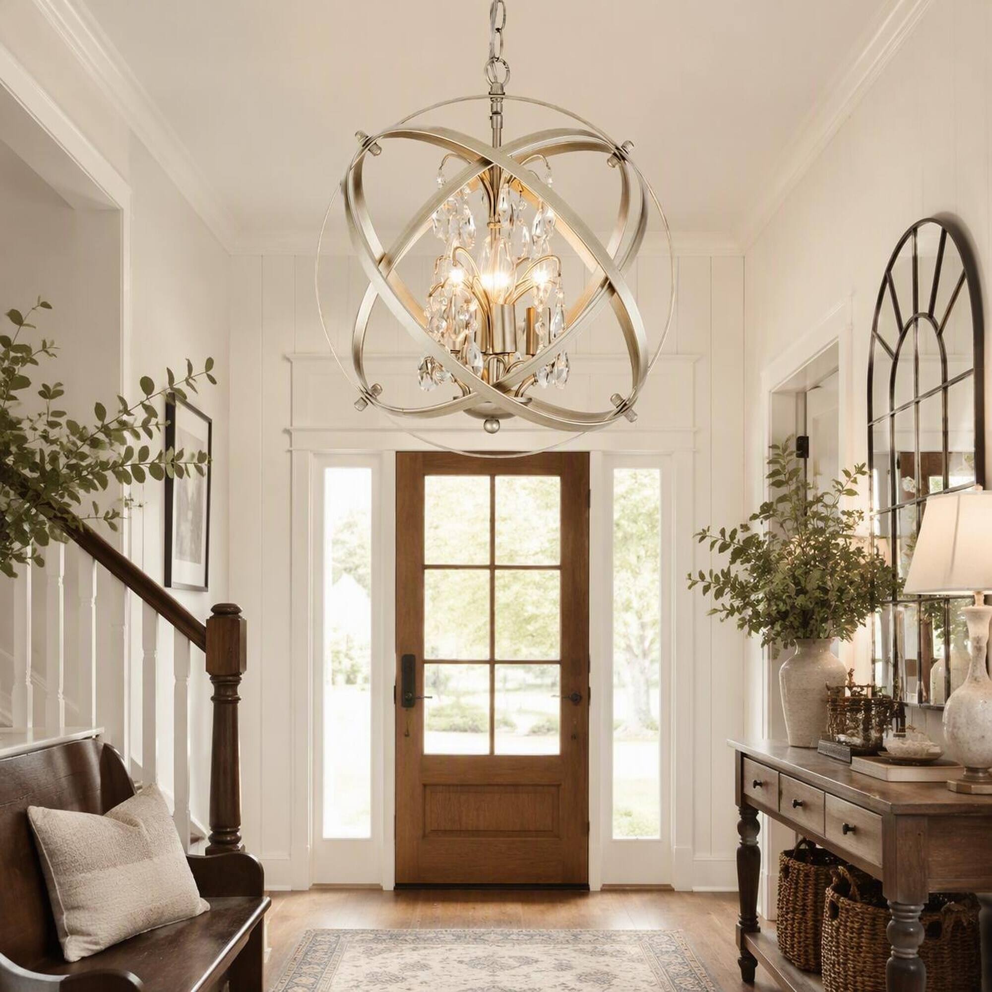 Left. RYHNUYNE - 4-Light Cage Crystal Chandelier, Modern Globe Metal Pendant Adjustable Farmhouse Hanging Fixture - Champagne.