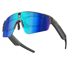 Front. PRIMEPLUS - POV AI Smart Glasses 8MP Camera Video Recording Outdoor Cycling AI Translation Music Player Sport Smart Sunglasses - Black frames/blue lenses.