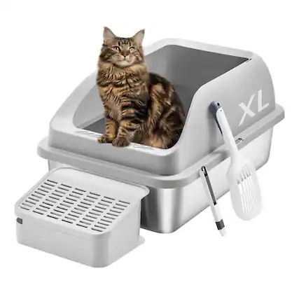 Front. Songmics Home - Stainless Steel Cat Litter Box with Open Top, High Sided Litter Tray with Step, Scoop, Brush, for Cats up to 33 lb - Light Gray.