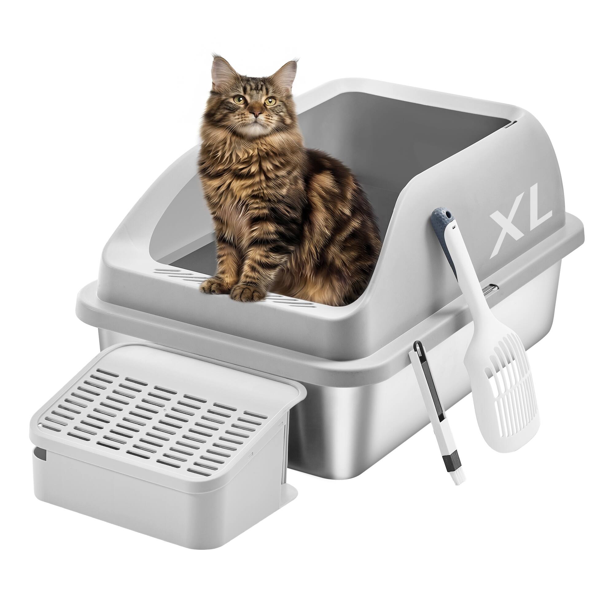 Front. Songmics Home - Stainless Steel Cat Litter Box with Open Top, High Sided Litter Tray with Step, Scoop, Brush, for Cats up to 33 lb - Light Gray.