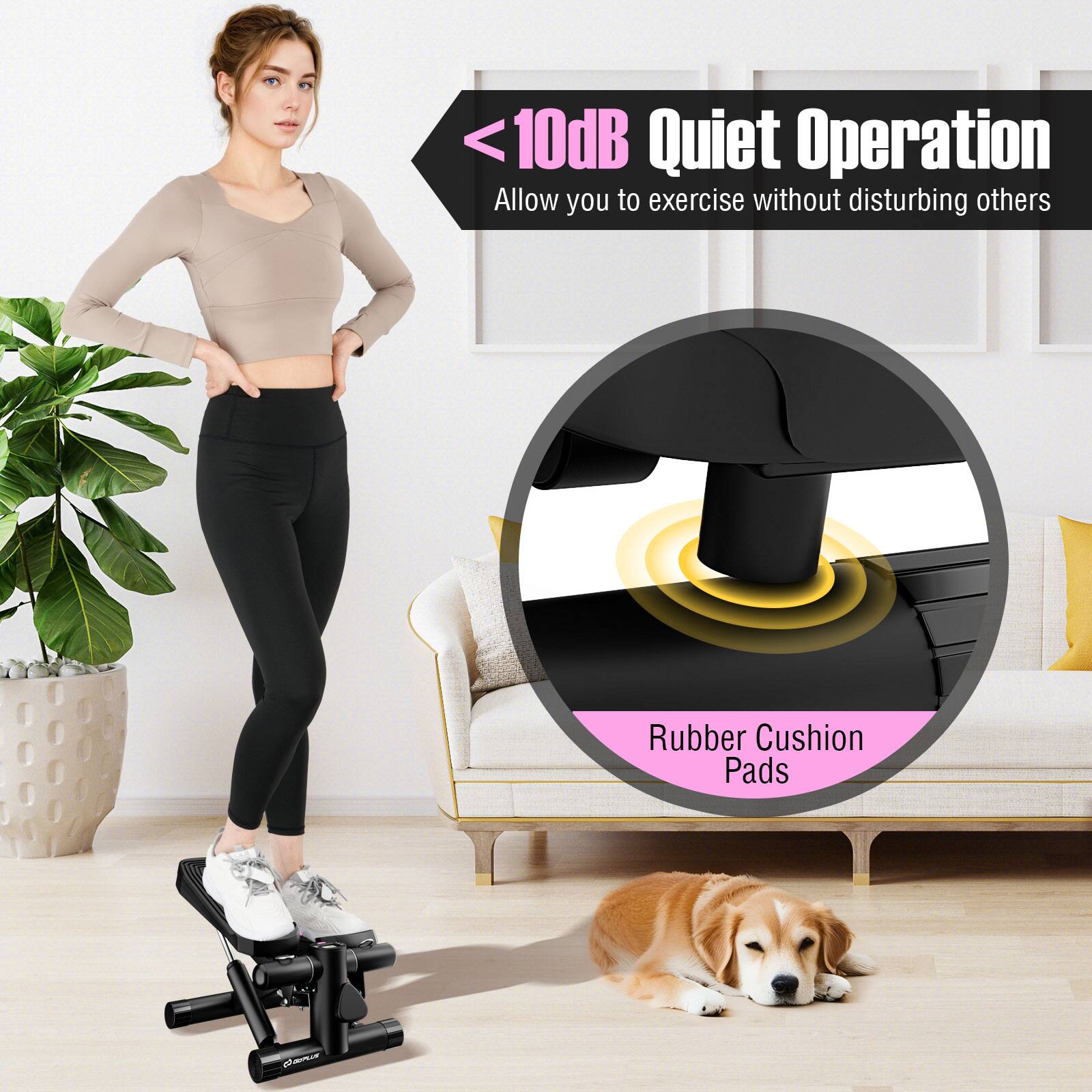 <10dB Quiet Operation: Allow you to exercise without disturbing others. Rubber Cushion Pads.