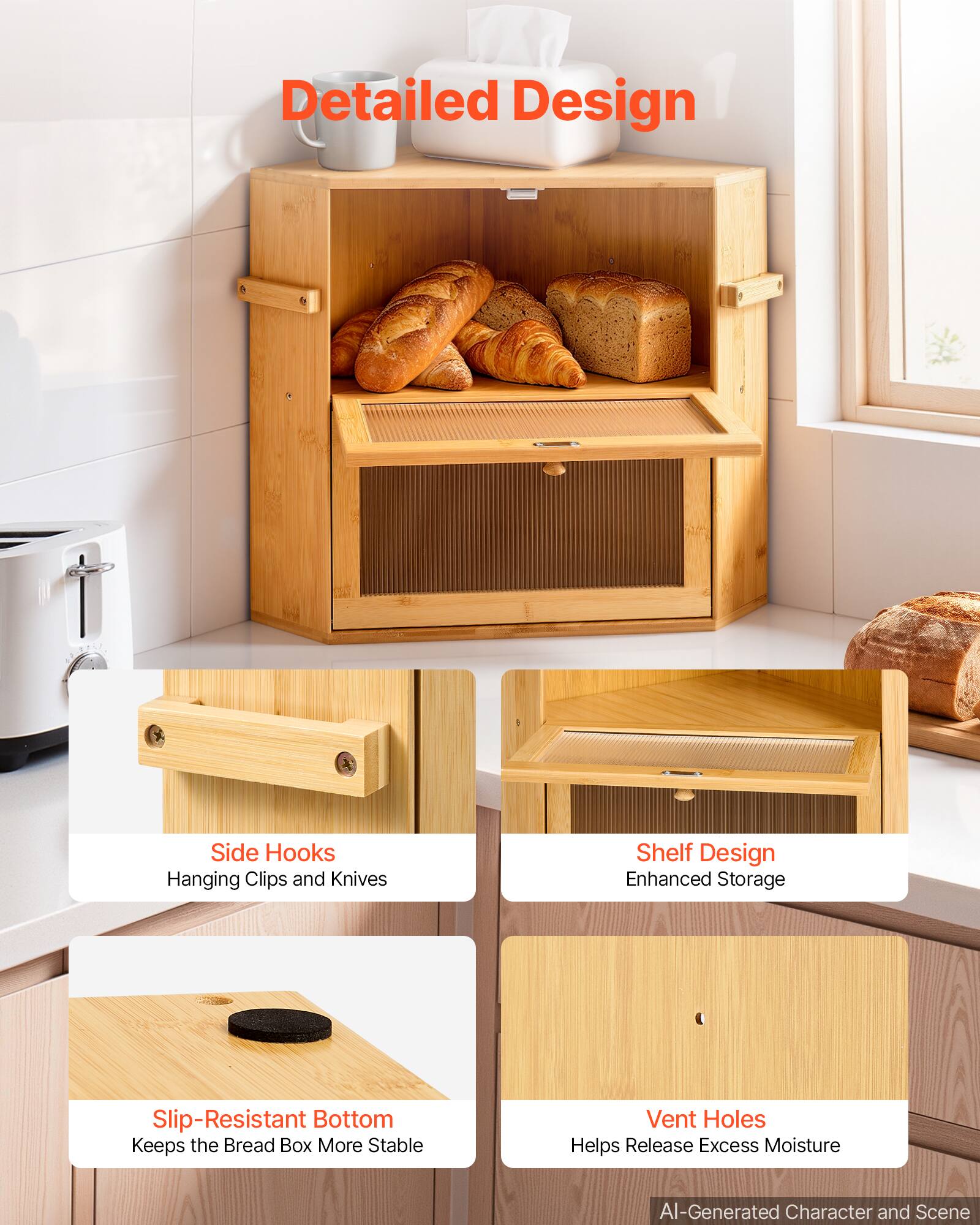 VEVOR Corner Bread Box for Kitchen Counter Bamboo Wood Container ...