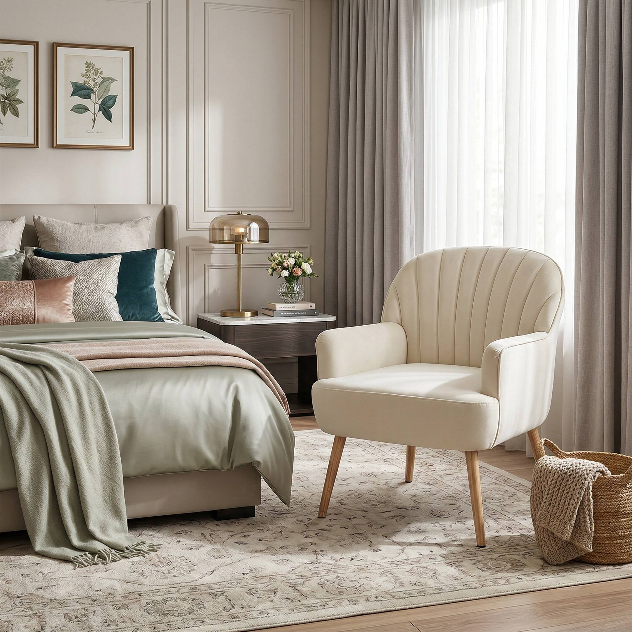 Left. Forest'nSky - Velvet Accent Chair, Modern Upholstered Barrel Armchair with Metal Legs, Luxury Comfy Single Sofa,Beige - Beige.