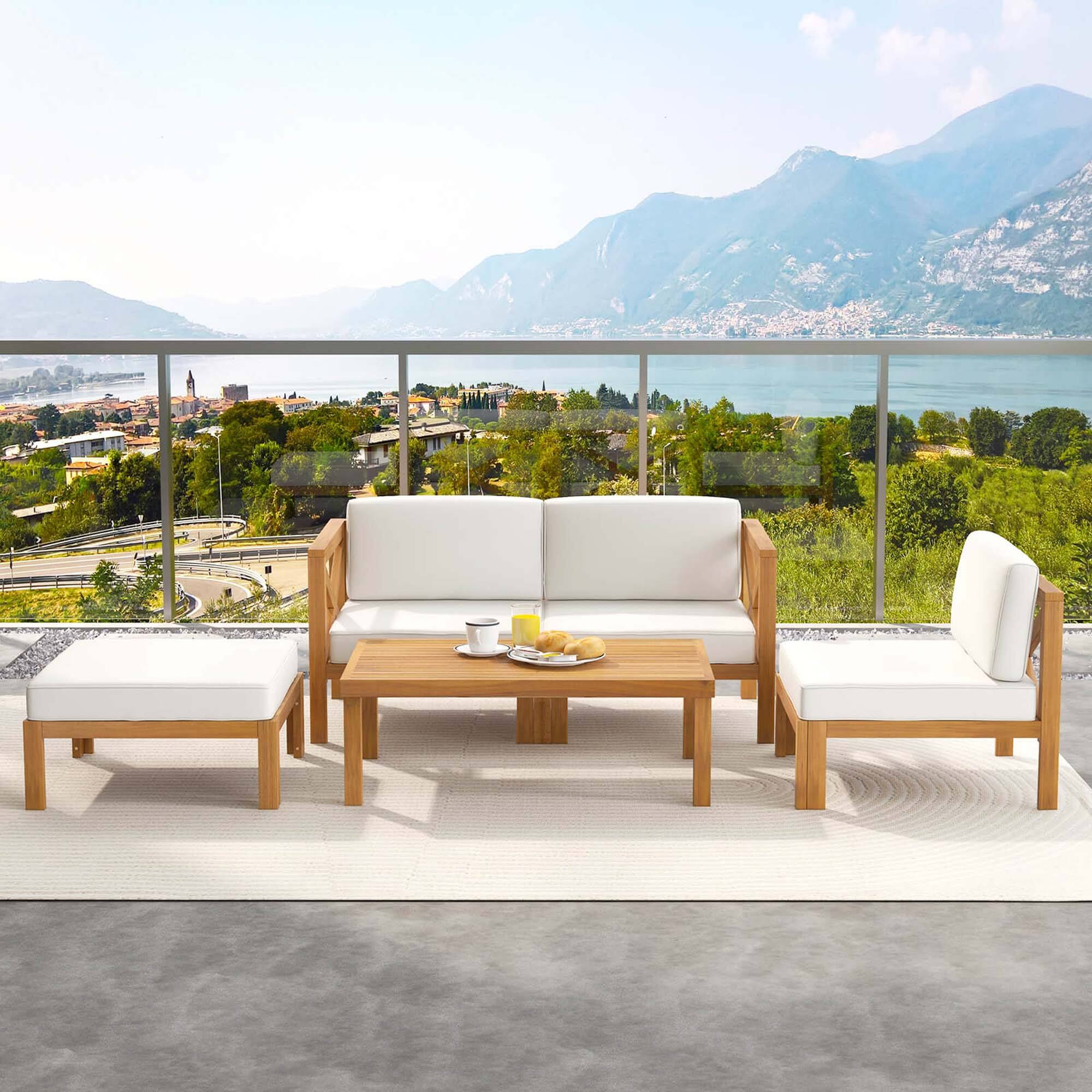 Alt View 4. Costway - Costway 5 PCS Outdoor Conversation Furniture Set with 3 Chairs 1 Ottoman 1 Coffee Table - Off White,Natural.