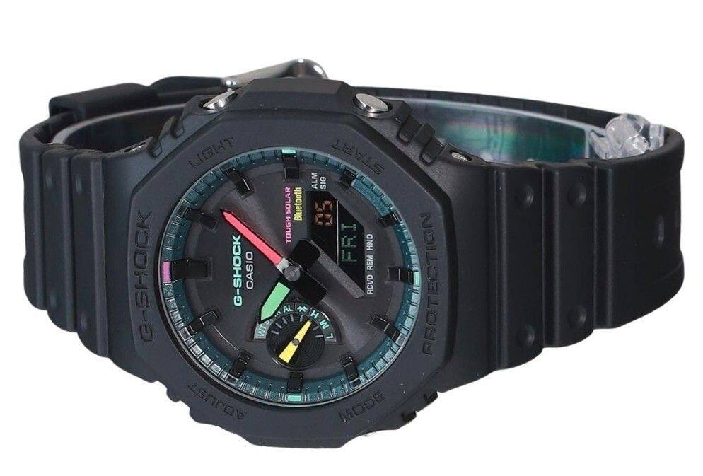 G-SHOCK LIGHT START UU ALM SIG SOLAR Bluetooth 05 TOUGH FRI HND G-SHOCK CASIO REM WTS - D. I AL I * I H - M L RCVD PROTECTION AQJUST MODE

Corrected text from the image:
G-SHOCK LIGHT START UU ALM SIG SOLAR Bluetooth 05 TOUGH FRI HND G-SHOCK CASIO REM WTS - D. I AL I * I H - M L RCVD PROTECTION AQJUST MODE

Actual text on the watch:
G-SHOCK
LIGHT
SOLAR
Bluetooth
ALM
SIG
PROTECTION
RCVD REM
CASIO
MODE