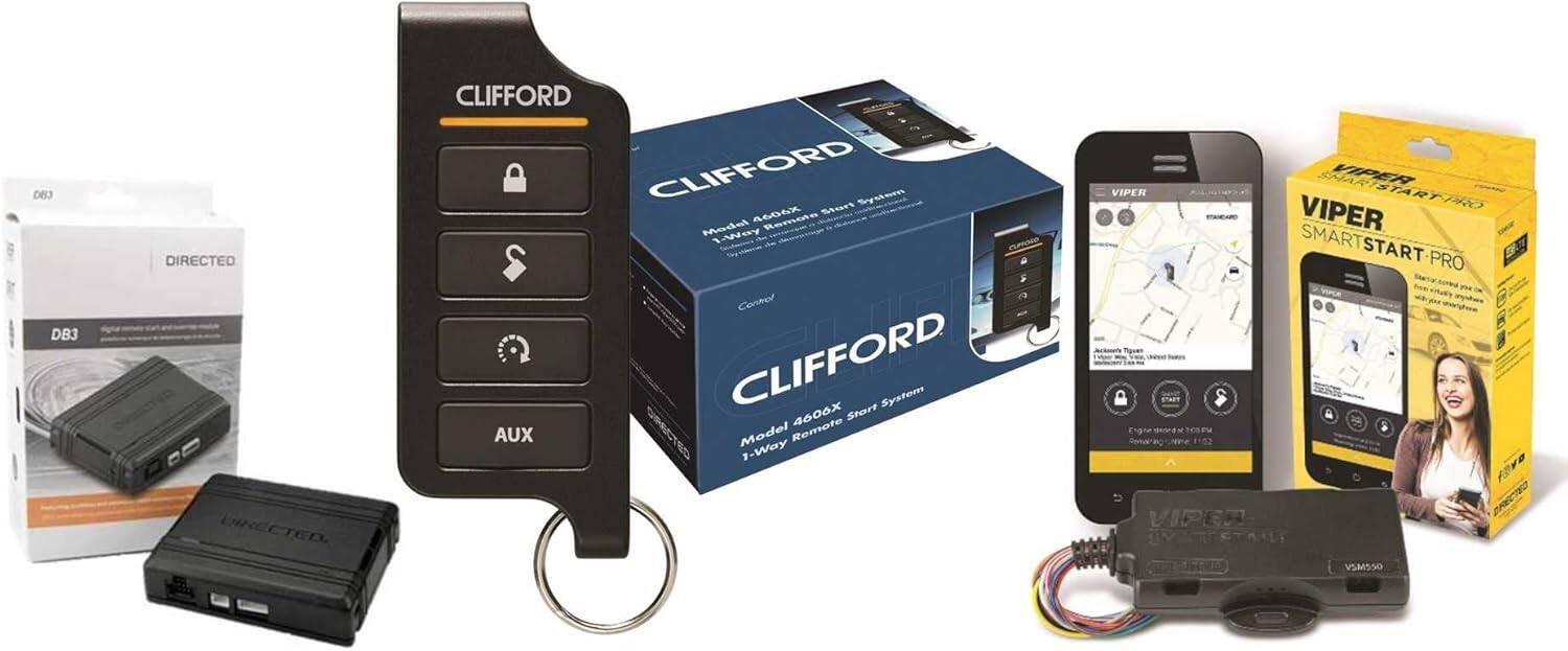 Sure, here is the corrected and grouped text from the image:

---

**CLIFFORD**

- **4606X Start System**
  - Model Remote Way
  - Control
  - CLIFFORD Start System 4606X
  - AUX

**DIRECTED**

- DB3

**VIPER**

- SMART START PRO
  - Model Remote 1-Way
  - VIPER SMART START PRO
  - VIPER SMART START PRO
  - VIPER SMART START PRO
  - VIPER SMART START PRO
  - VIPER SMART START PRO
  - VIPER SMART START PRO
  - VIPER SMART START PRO
  - VIPER SMART START PRO
  - VIPER SMART START PRO
  - VIPER SMART START PRO
  - VIPER SMART START PRO
  - VIPER SMART START PRO
  - VIPER SMART START PRO
  - VIPER SMART START PRO
  - VIPER SMART START PRO
  - VIPER SMART START PRO
  - VIPER SMART START PRO
  - VIPER SMART START PRO
  - VIPER SMART START PRO
  - VIPER SMART START PRO
  - VIPER SMART START PRO
  - VIPER SMART