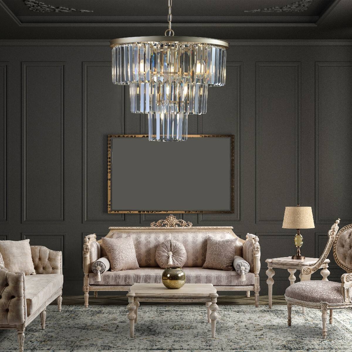 Back. Loheer - Loheer 20 inch Crystal Chandelier, Seven Light Gold Frame Pendant for Living Room or Dining Room.
