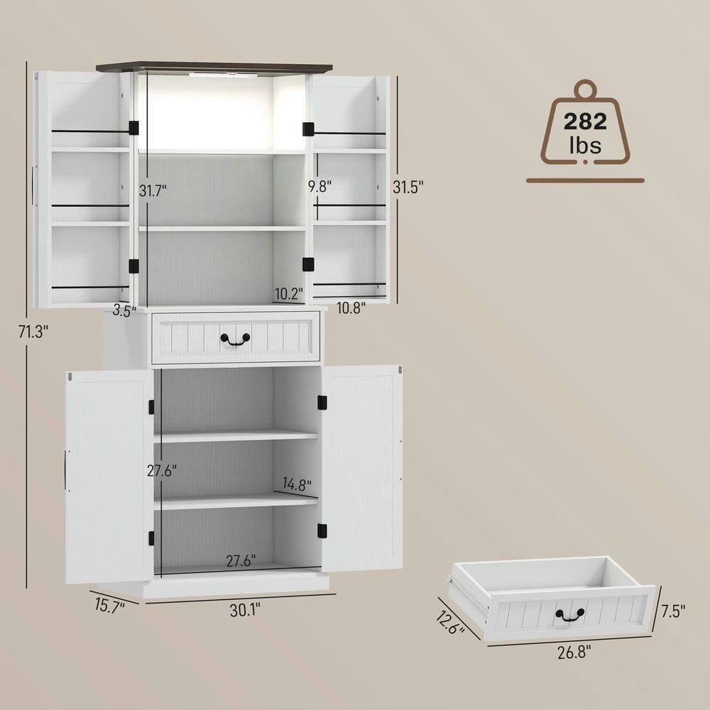 282 lbs

Dimensions:
- Height: 71.3"
- Width: 31.5"
- Depth: 15.7"

Shelf Dimensions:
- Top Shelf: 31.7" x 9.8"
- Second Shelf: 31.5" x 9.8"
- Third Shelf: 31.5" x 9.8"
- Bottom Shelf: 31.5" x 9.8"

Cabinet Dimensions:
- Height: 27.6"
- Width: 30.1"
- Depth: 14.8"

Drawer Dimensions:
- Height: 10.2"
- Width: 26.8"
- Depth: 12.6"

Tray Dimensions:
- Height: 7.5"
- Width: 26.8"
- Depth: 12.6"