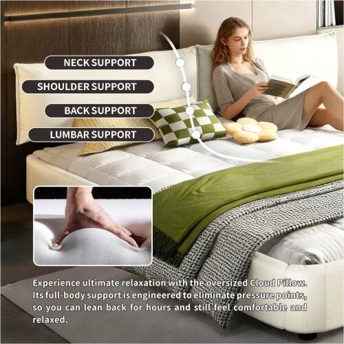 NECK SUPPORT  
SHOULDER SUPPORT  
BACK SUPPORT  
LUMBAR SUPPORT  

Experience ultimate relaxation with the oversized Cloud Pillow. Its full-body support is engineered to eliminate pressure points, so you can lean back for hours and still feel comfortable and relaxed.
