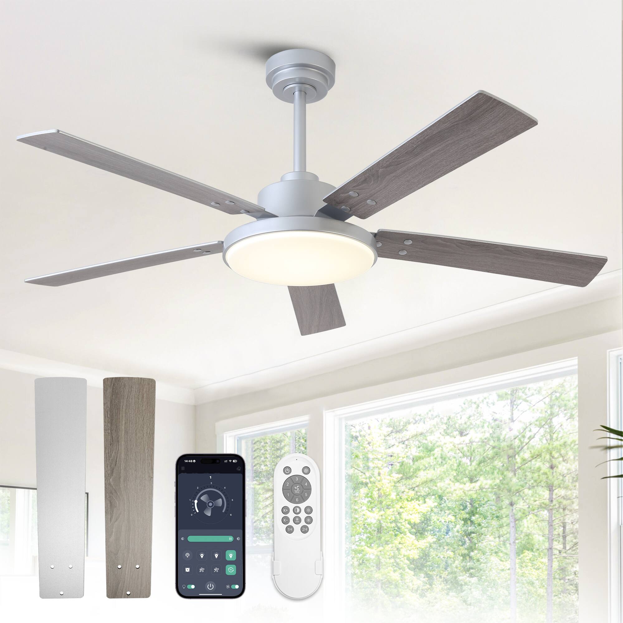 Front. Vaczon - 52" Modern Silver Dimmable LED Ceiling Fan with Light and Remote & APP - Silver.