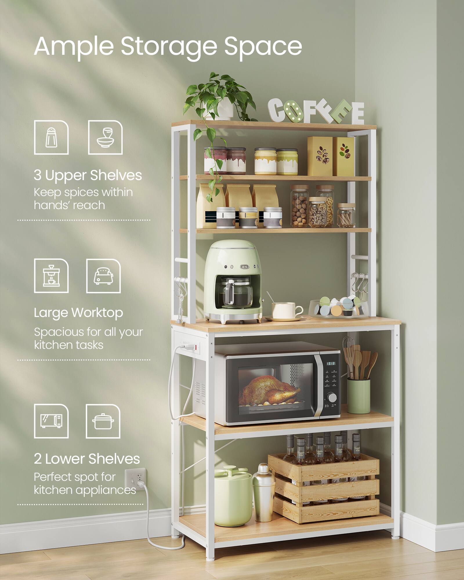 Ample Storage Space

3 Upper Shelves
Keep spices within hands' reach

Large Worktop
Spacious for all your kitchen tasks

2 Lower Shelves
Perfect spot for kitchen appliances